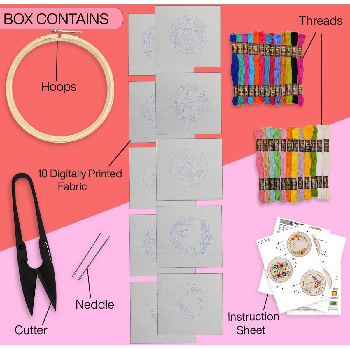 Embroiderymaterial Pack Of 5 Diy Embroidery Kit For Beginners, Cross Stitch Kit With 5 Different Designs Pre-Printed On Fabric, Floral, Heart, Bird & Festive Designs With Instruction Sheet