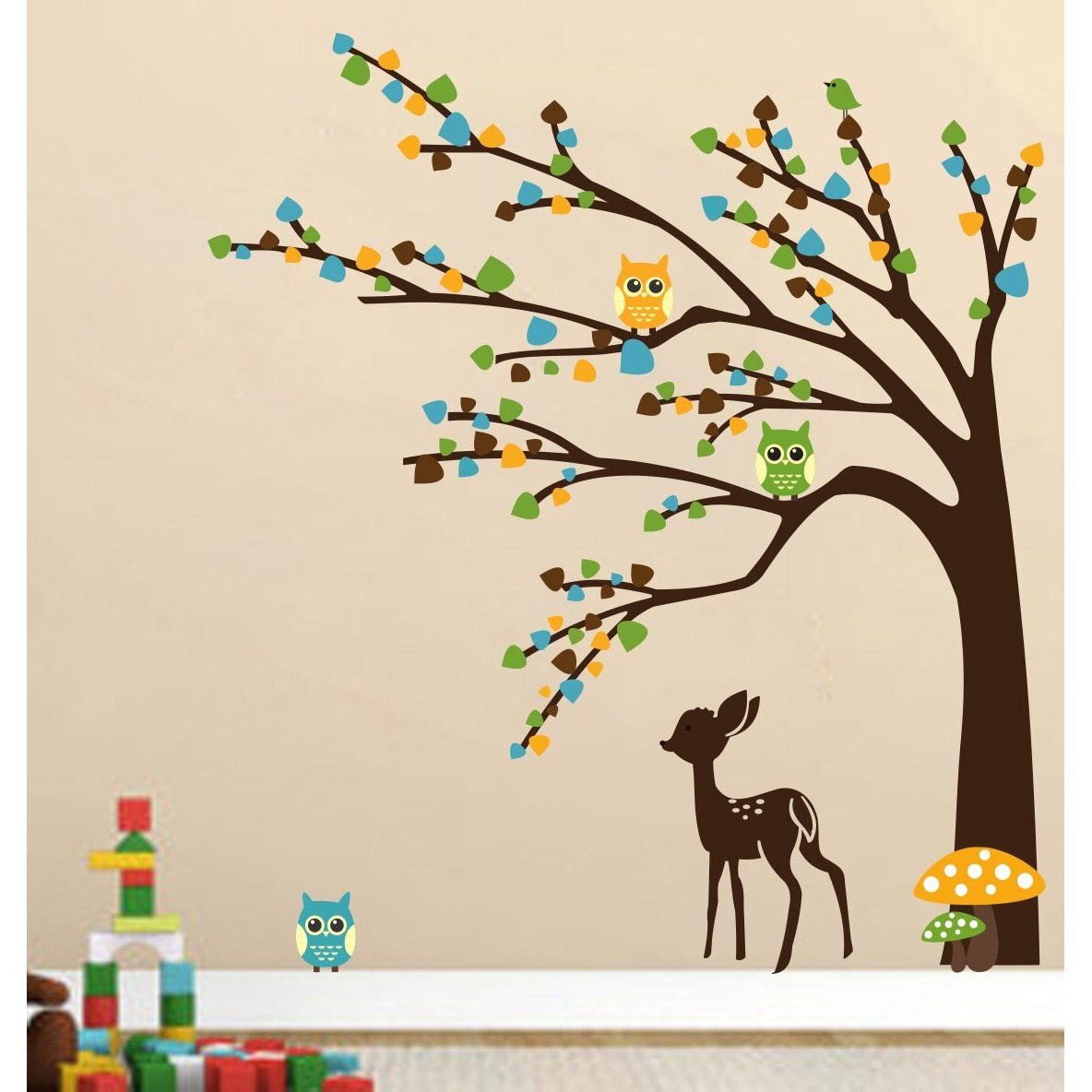 Ghar Kraft Tree With Multi Color Leaves & Cute Animals Self-Adhesive Wall Sticker For Home Decor/Decoration - Living Room, Bedroom, Kids Room