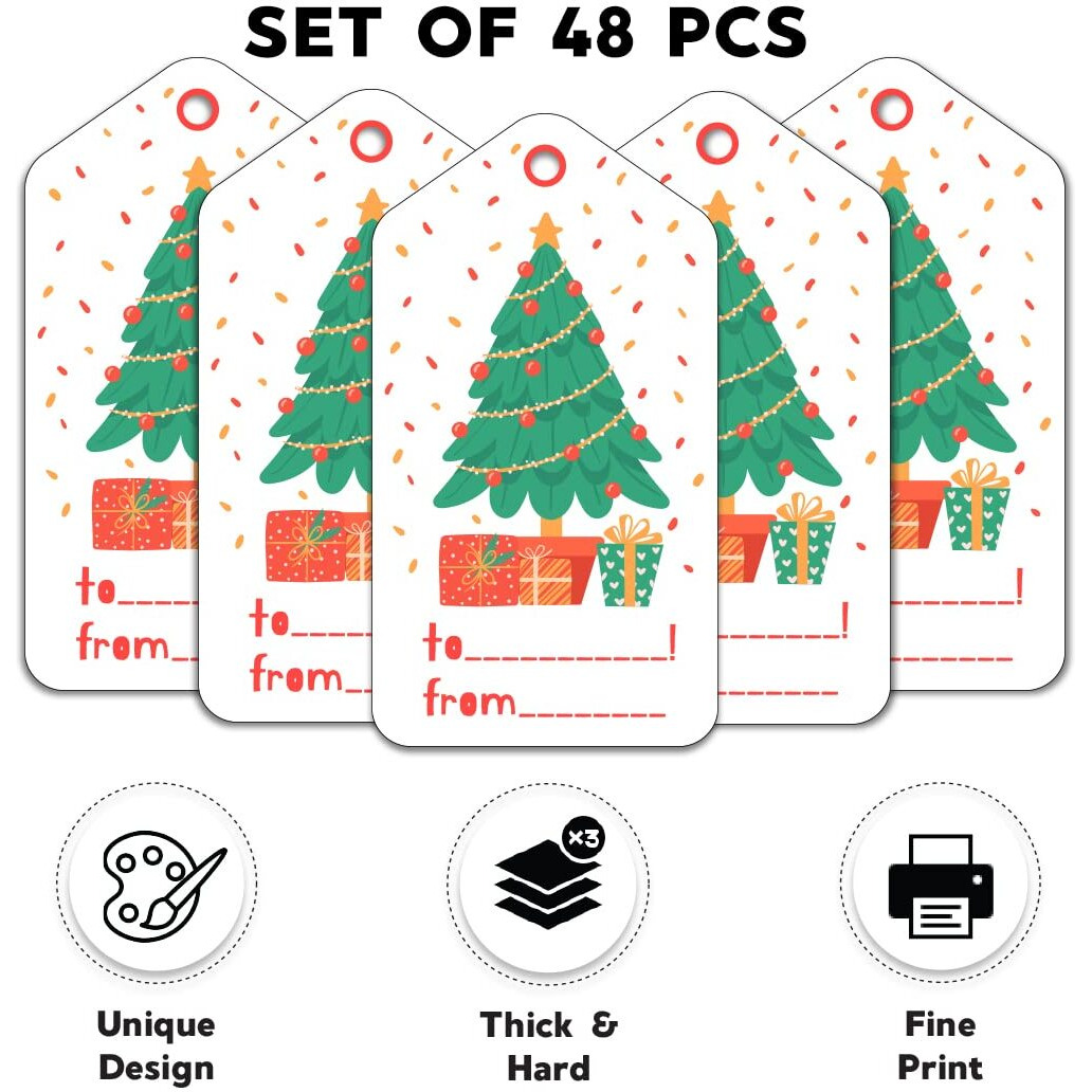 Festiko Christmas Gift Tags, Christmas Theme Gift Tags,Xmas Tree Gift Tags Hanging Label For Diy Christmas Gift Wrap And Label Package Pack Of 48 Pcs (Multicolor)