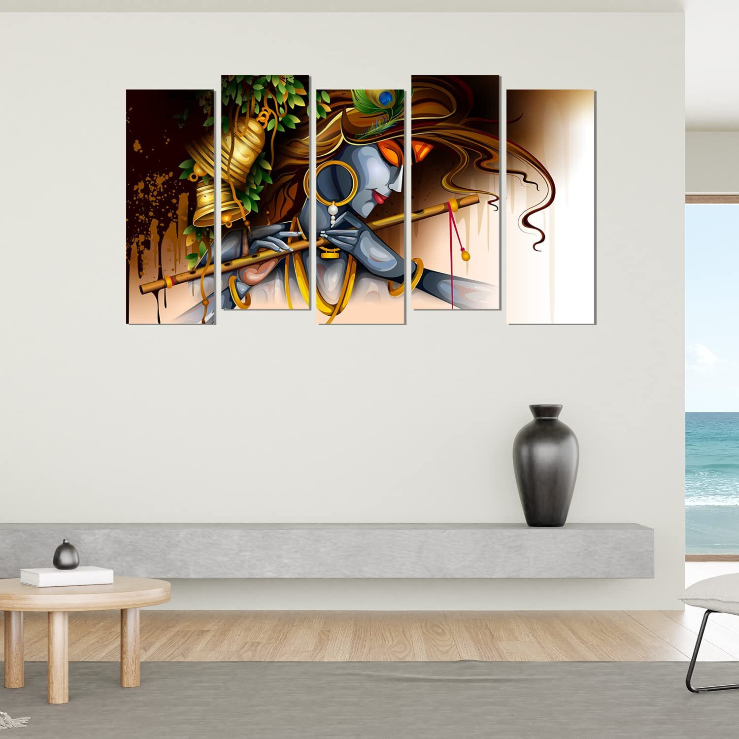 Ladecor Krishna Wall Paintings With Frame For Bedroom Living Room Size 27 X 50 Inch,Split 5 Frames (E) - Acrylic