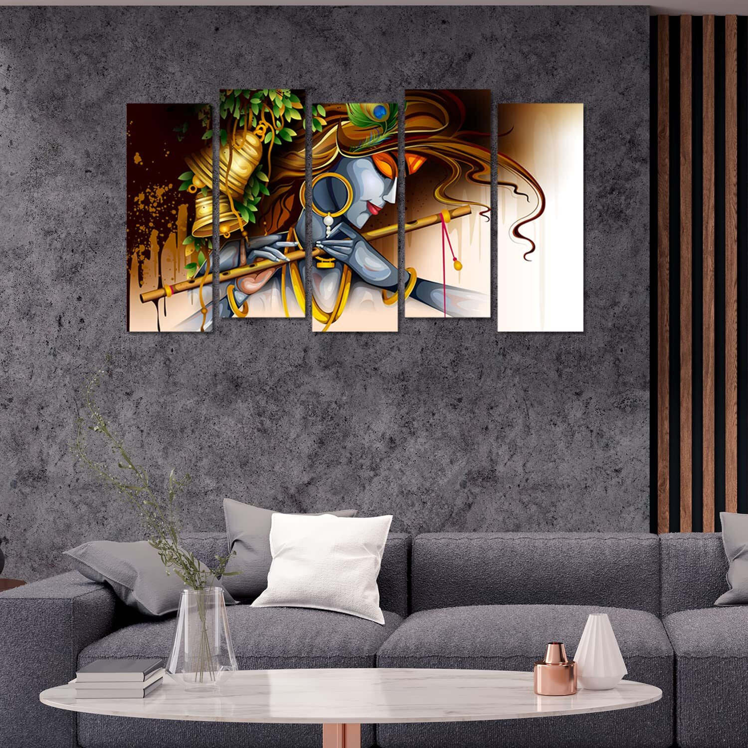 Ladecor Krishna Wall Paintings With Frame For Bedroom Living Room Size 27 X 50 Inch,Split 5 Frames (E) - Acrylic