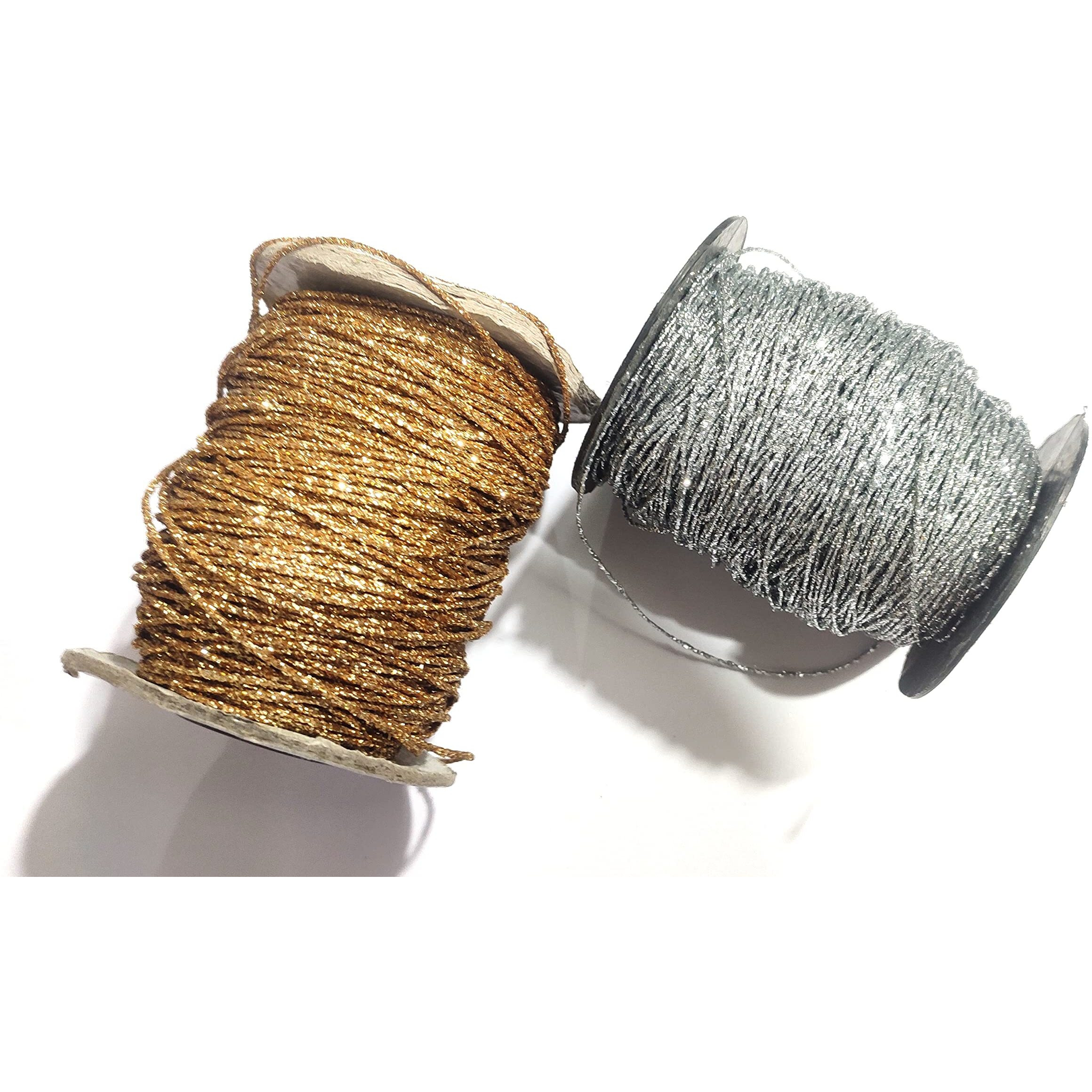 Omx 1Mm, 100 Mtr Silver, 100 Mtr Gold, Total 200 Mtr, 2 Rolls, Glitter Shimmer Mettalic Zari Thread For Embroidery, Sewing And Jewelry Making, Polyester For Metallic Strip & Cotton Yarn Inside.
