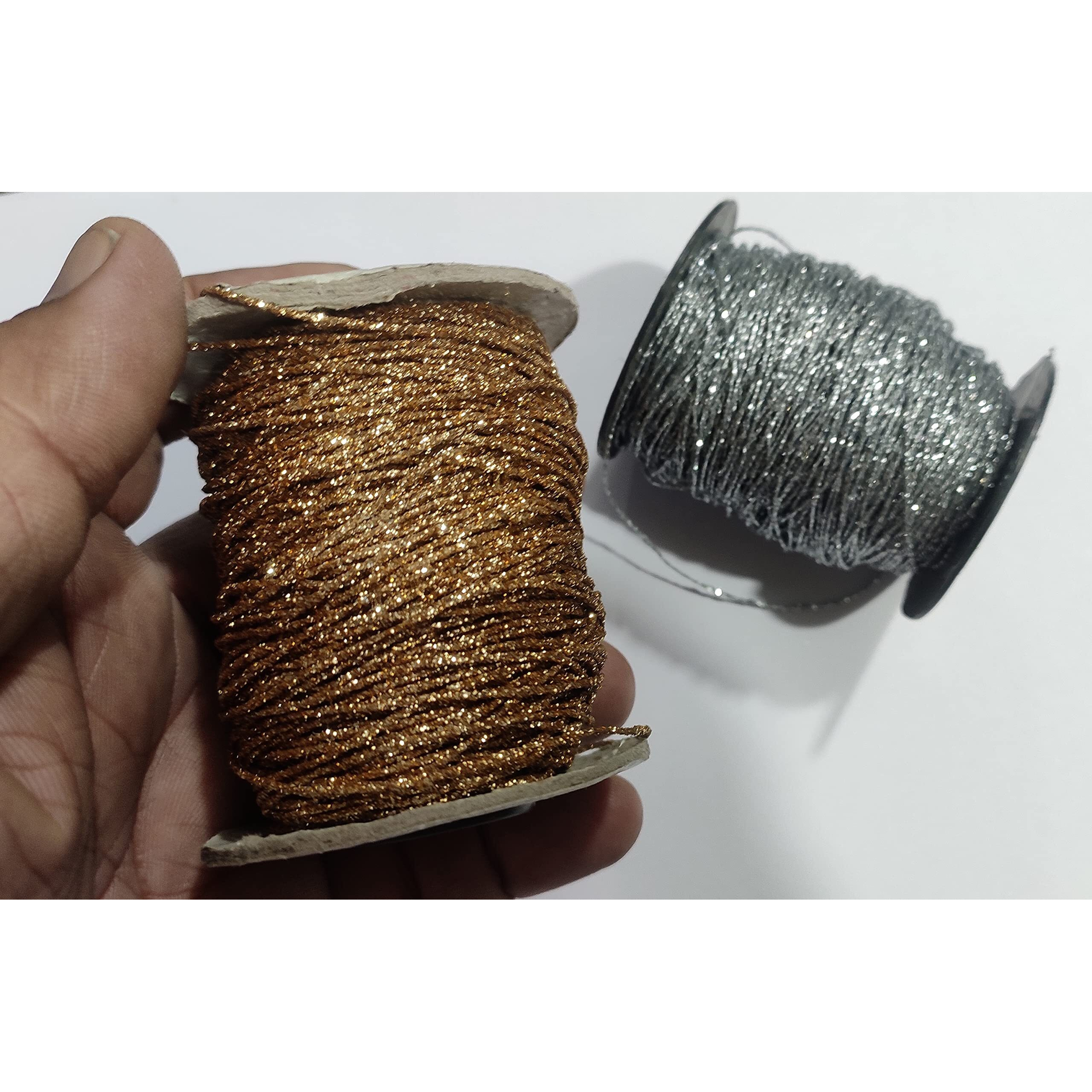 Omx 1Mm, 100 Mtr Silver, 100 Mtr Gold, Total 200 Mtr, 2 Rolls, Glitter Shimmer Mettalic Zari Thread For Embroidery, Sewing And Jewelry Making, Polyester For Metallic Strip & Cotton Yarn Inside.