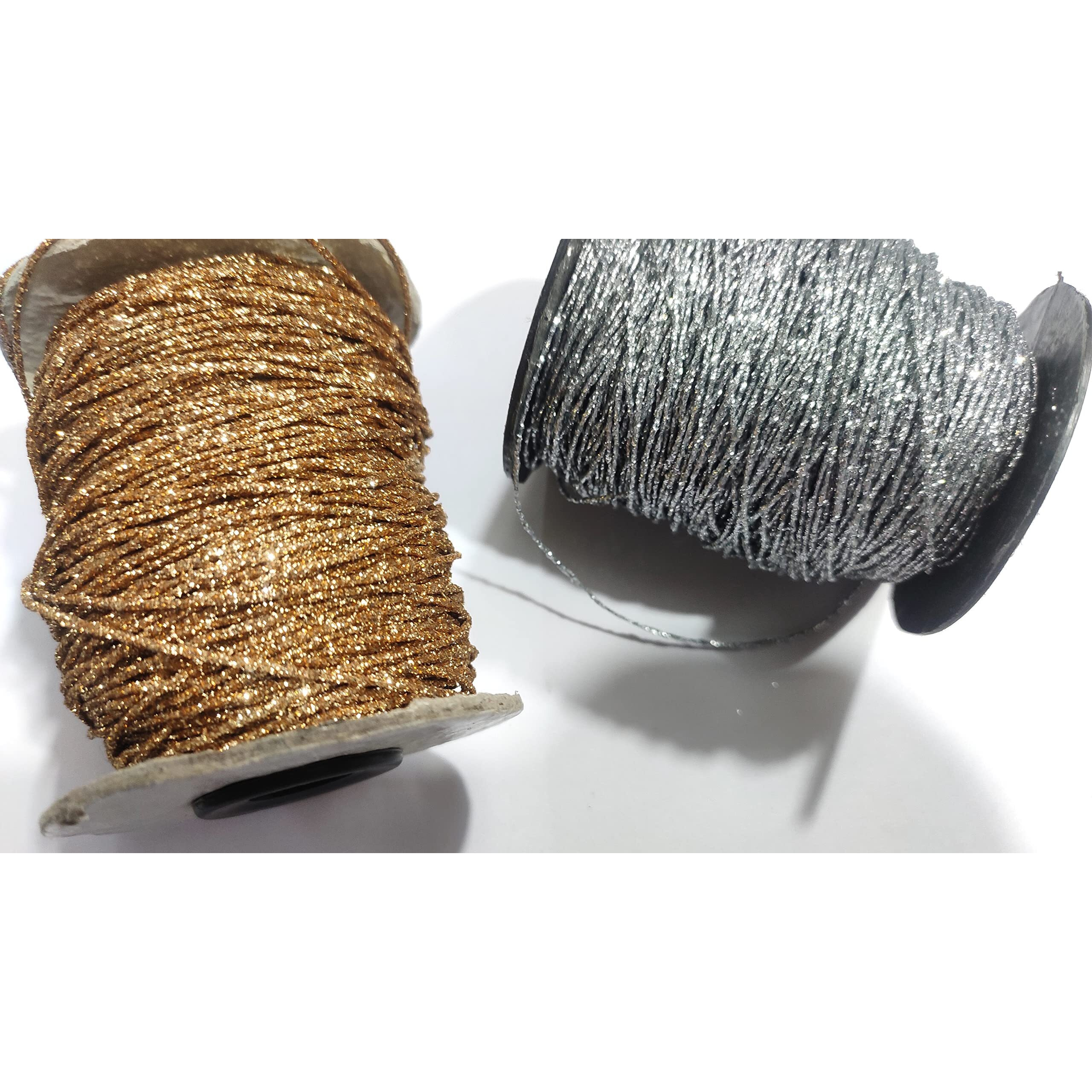 Omx 1Mm, 100 Mtr Silver, 100 Mtr Gold, Total 200 Mtr, 2 Rolls, Glitter Shimmer Mettalic Zari Thread For Embroidery, Sewing And Jewelry Making, Polyester For Metallic Strip & Cotton Yarn Inside.