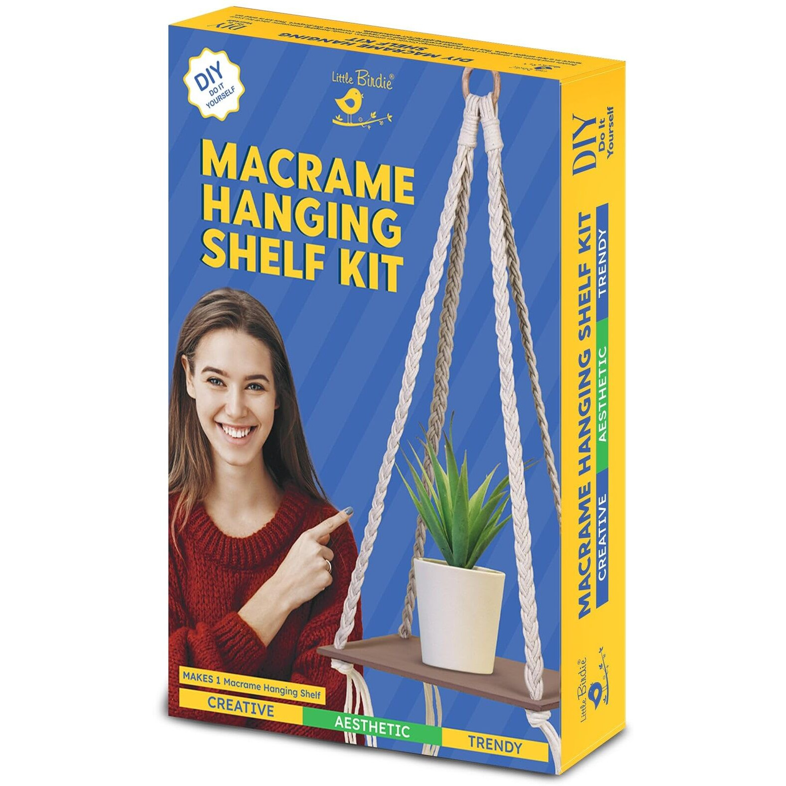 Little Birdie Diy Macrame Hanging Shelf Kit | Macrame Thread Wall Hanging Decoration Kit With Mdf Board | Home Decor Art And Craft For Plant Hangers | Learning And Fun Kit For Kids & Adults