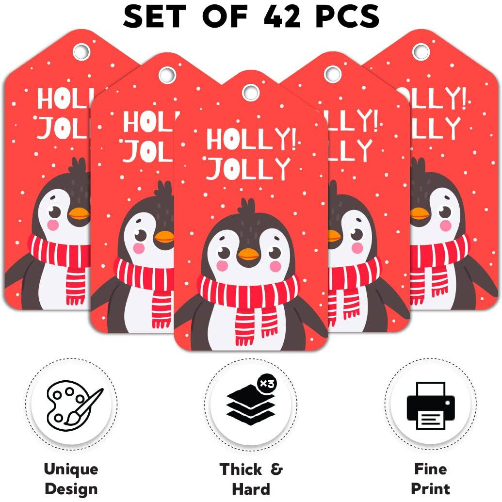 Festiko Christmas Gift Tags, Christmas Theme Gift Tags,Xmas Holly Jolly Gift Tags Hanging Label For Diy Christmas Gift Wrap And Label Package Pack Of 42 Pcs (Red)