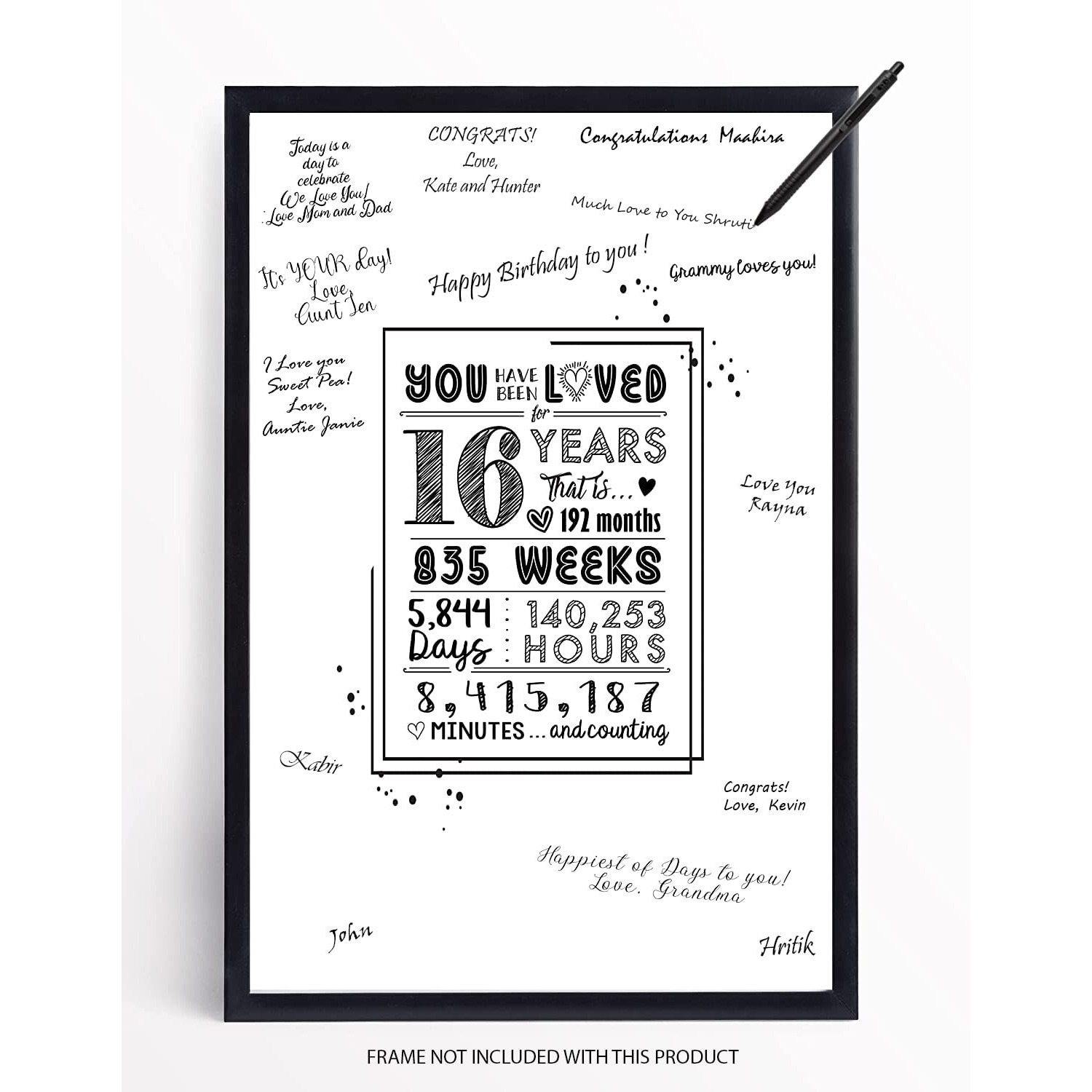 Printnet Sweet 16 Birthday Decorations - Cute Guest Book Alternative Or Gift - Great 16Th Birthday Decorations For Girls Or 16Th Birthday Decorations For Boys - 12X18 Signature Poster -16 Years Loved (Unframed)