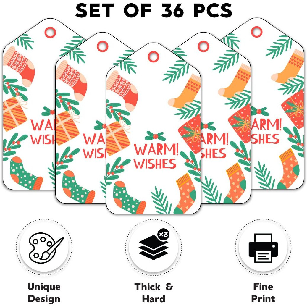 Festiko Christmas Gift Tags, Christmas Theme Gift Tags,Xmas Warm Wishes Gift Tags Hanging Label For Diy Christmas Gift Wrap And Label Package Pack Of 36 Pcs (Multicolor)