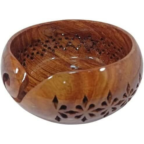 Guru Jee Handmade Wooden Yarn Bowl Wool Ball Holder Knitting Bowl Crochet Holder Gifts Showpiece (Natural Brown Jali 2 (6X3))
