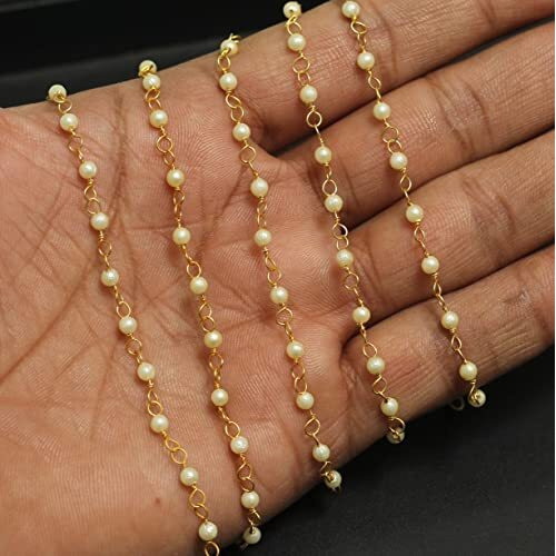 Beadsnfashion 3Mm Acrylic Pearl Beads Aati Chain In Long Lasting Brass Wire Fine Quality For Jewellery Making And Crafts Work, Pack Of 5 Mtrs