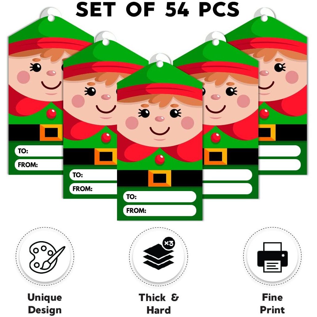 Festiko Christmas Gift Tags, Christmas Theme Gift Tags,Xmas Elf Gift Tags Hanging Label For Diy Christmas Gift Wrap And Label Package Pack Of 54 Pcs