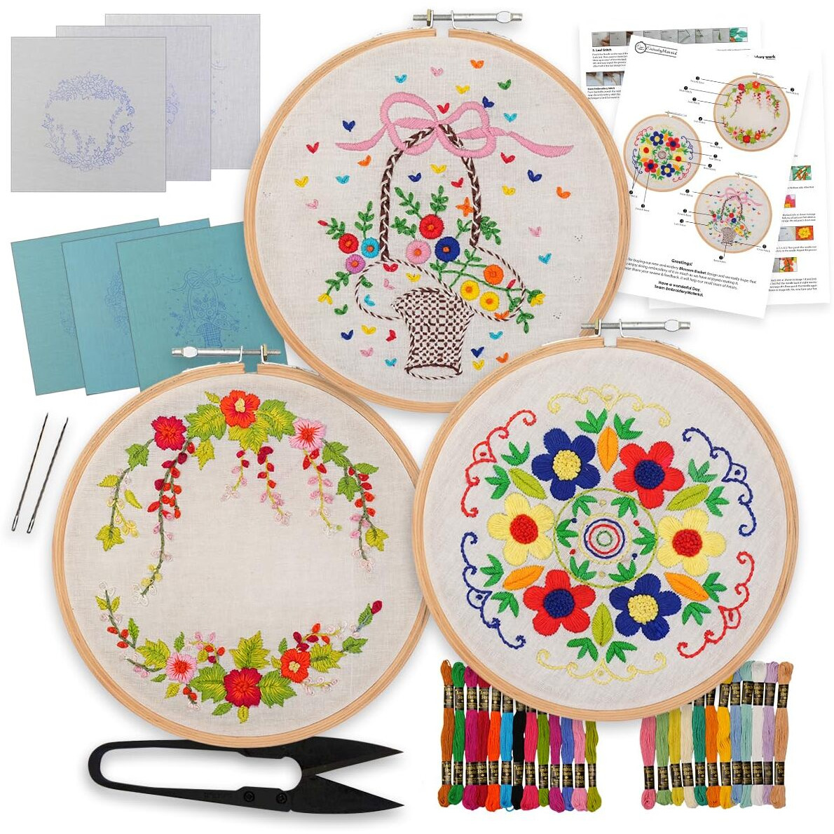 Embroiderymaterial Pack Of 3 Embroidery Kits  Floral Wreath, Colorful Floral & Basket Of Flowers Designs, Embroidery Kit For Beginners & Adults With Wooden Hoop, Cloth Fabric (All Material Included)