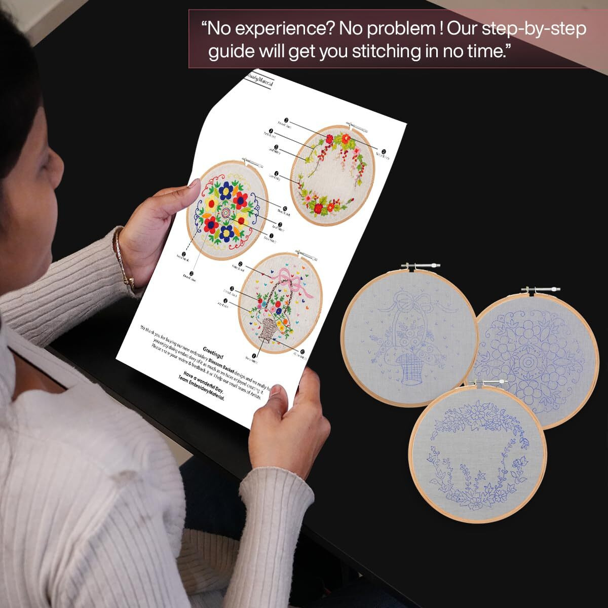 Embroiderymaterial Pack Of 3 Embroidery Kits  Floral Wreath, Colorful Floral & Basket Of Flowers Designs, Embroidery Kit For Beginners & Adults With Wooden Hoop, Cloth Fabric (All Material Included)
