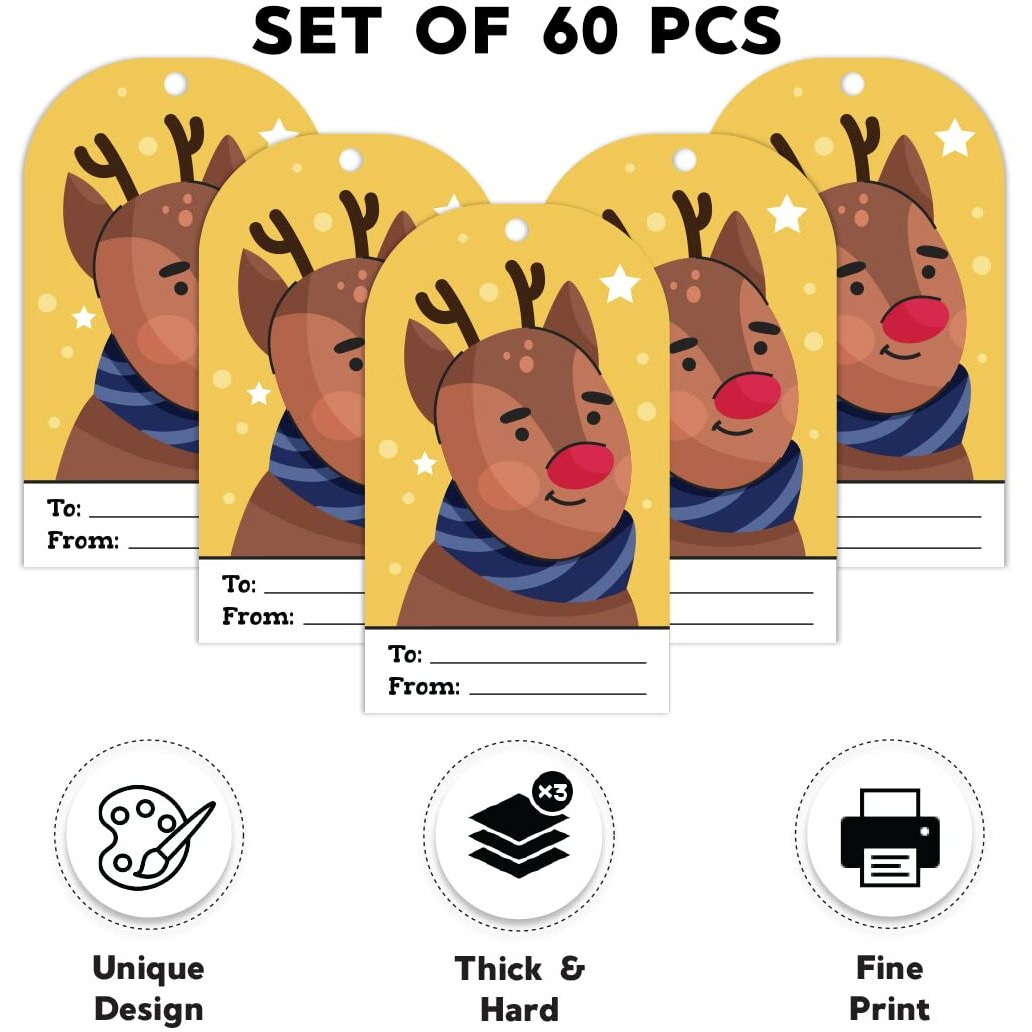 Festiko Christmas Gift Tags, Christmas Theme Gift Tags,Xmas Reindeer Gift Tags Hanging Label For Diy Christmas Gift Wrap And Label Package Pack Of 60 Pcs