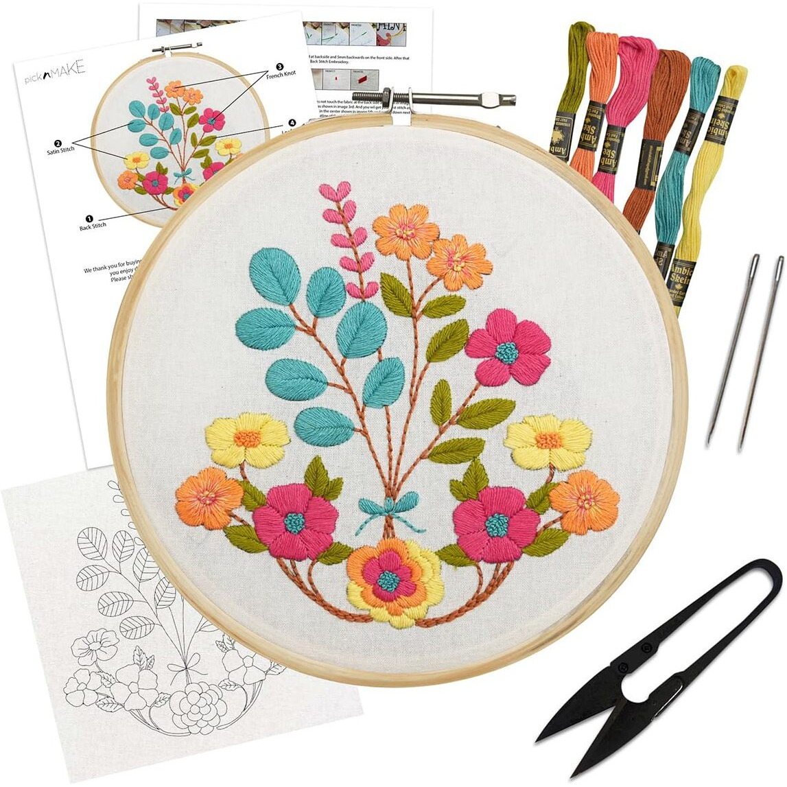 Picknmake Diy Cross Stitch Hand Embroidery Kit For Beginners Adult, Kids With Pattern & Cloth, Multicolor Floral Bouquet Design, Written Instructions, Embroidery Hoop & All Other Materials Included