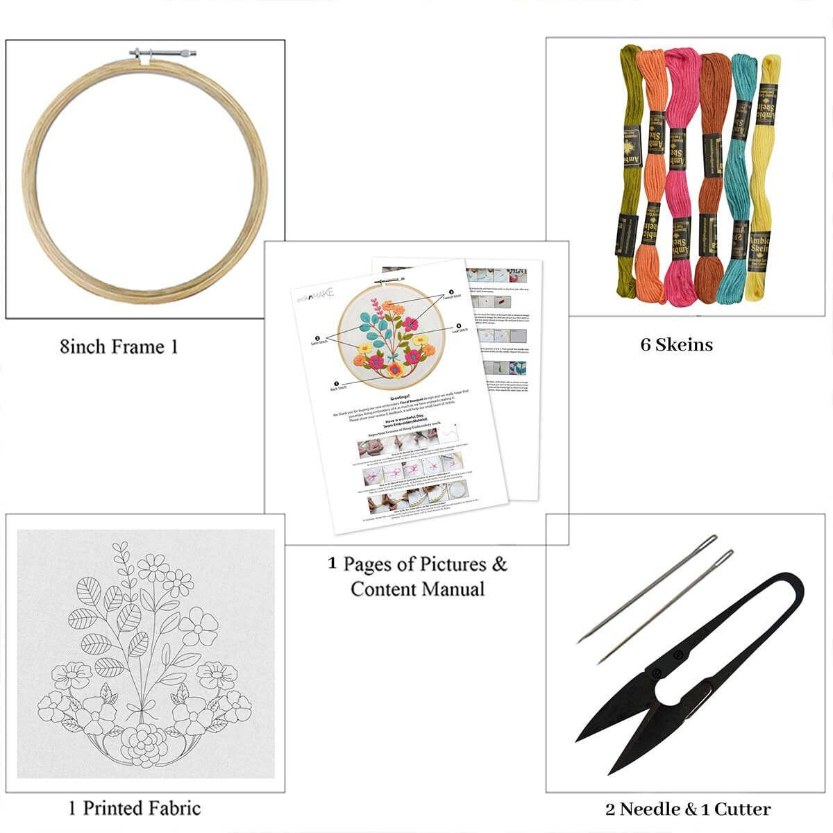 Picknmake Diy Cross Stitch Hand Embroidery Kit For Beginners Adult, Kids With Pattern & Cloth, Multicolor Floral Bouquet Design, Written Instructions, Embroidery Hoop & All Other Materials Included