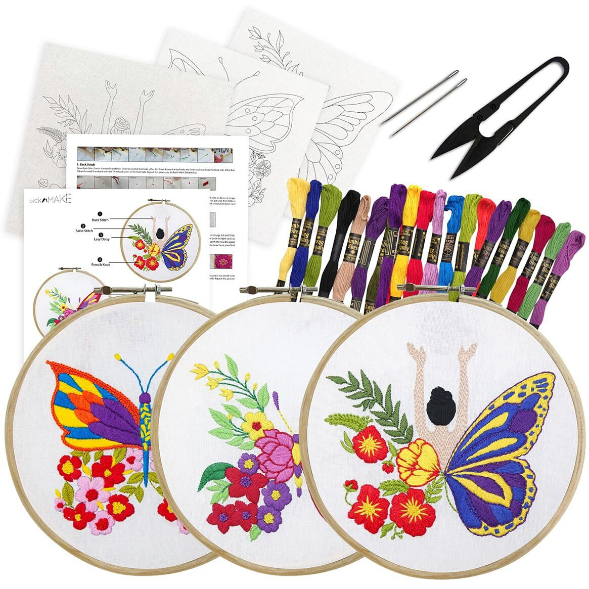 Picknmake Cross Stitch Embroidery Kit Combo Pack For Beginners & Adults - Includes 3 Unique Designs, Hoop, Printed Fabric, Threads, Needles, Cutter, And Instructions -Craft Hobby