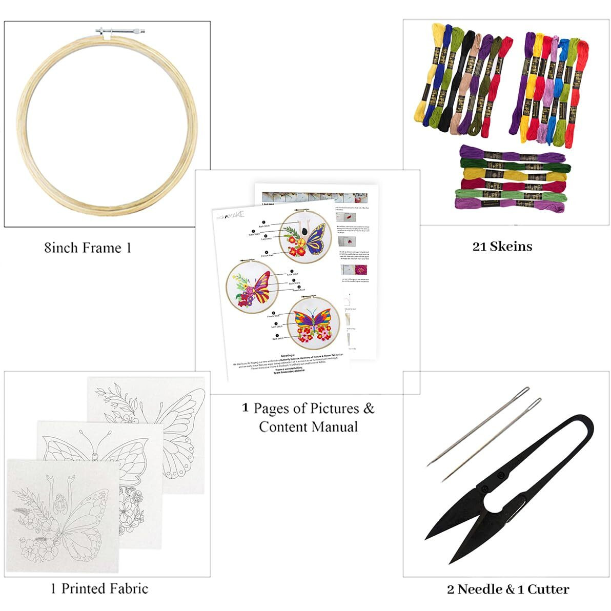 Picknmake Cross Stitch Embroidery Kit Combo Pack For Beginners & Adults - Includes 3 Unique Designs, Hoop, Printed Fabric, Threads, Needles, Cutter, And Instructions -Craft Hobby