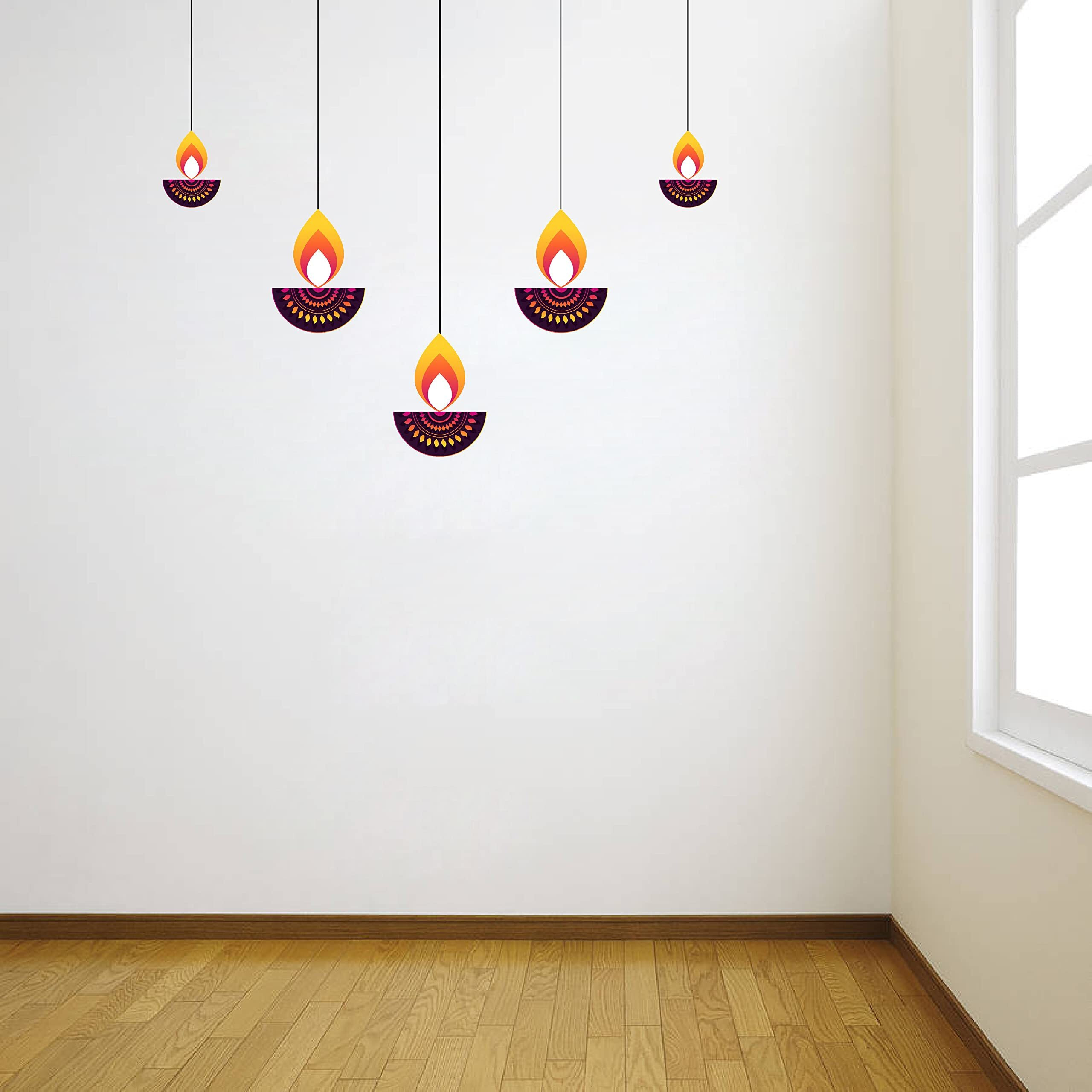Dreamkraft Pvc Vinyl Colorful Diya Hanging Wall Sticker Festive Decor Item For Home Room And Office Decor Multicolor Diya Wall Sticker (56Cm X 46Cm)