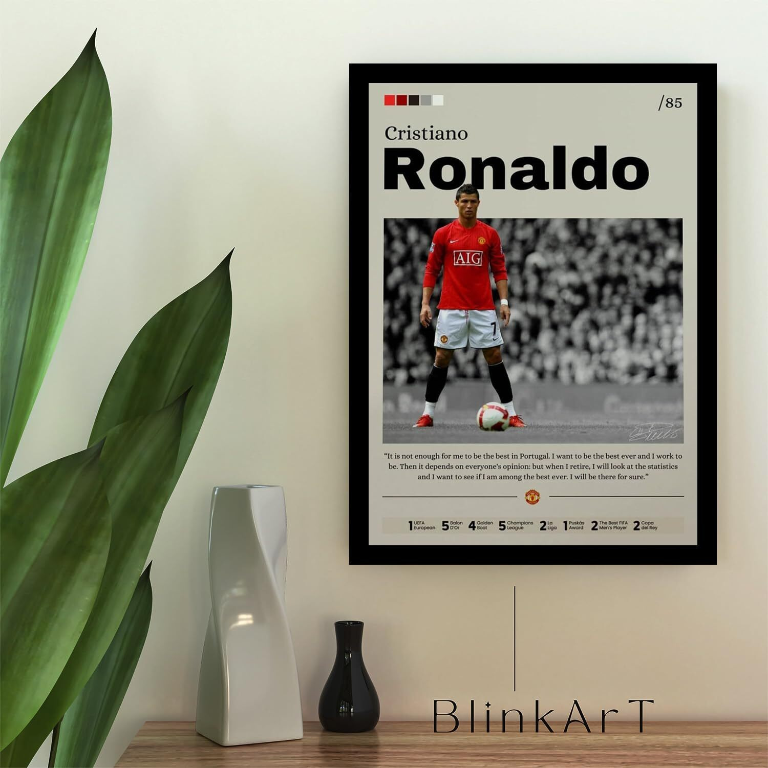 Blinkart Cristiano Ronaldo Manchester United Football Player Synthetic Wood Photo Framed Wall Hanging Poster For Room & Office Bedroom Home Wall (13 * 10 Inches)