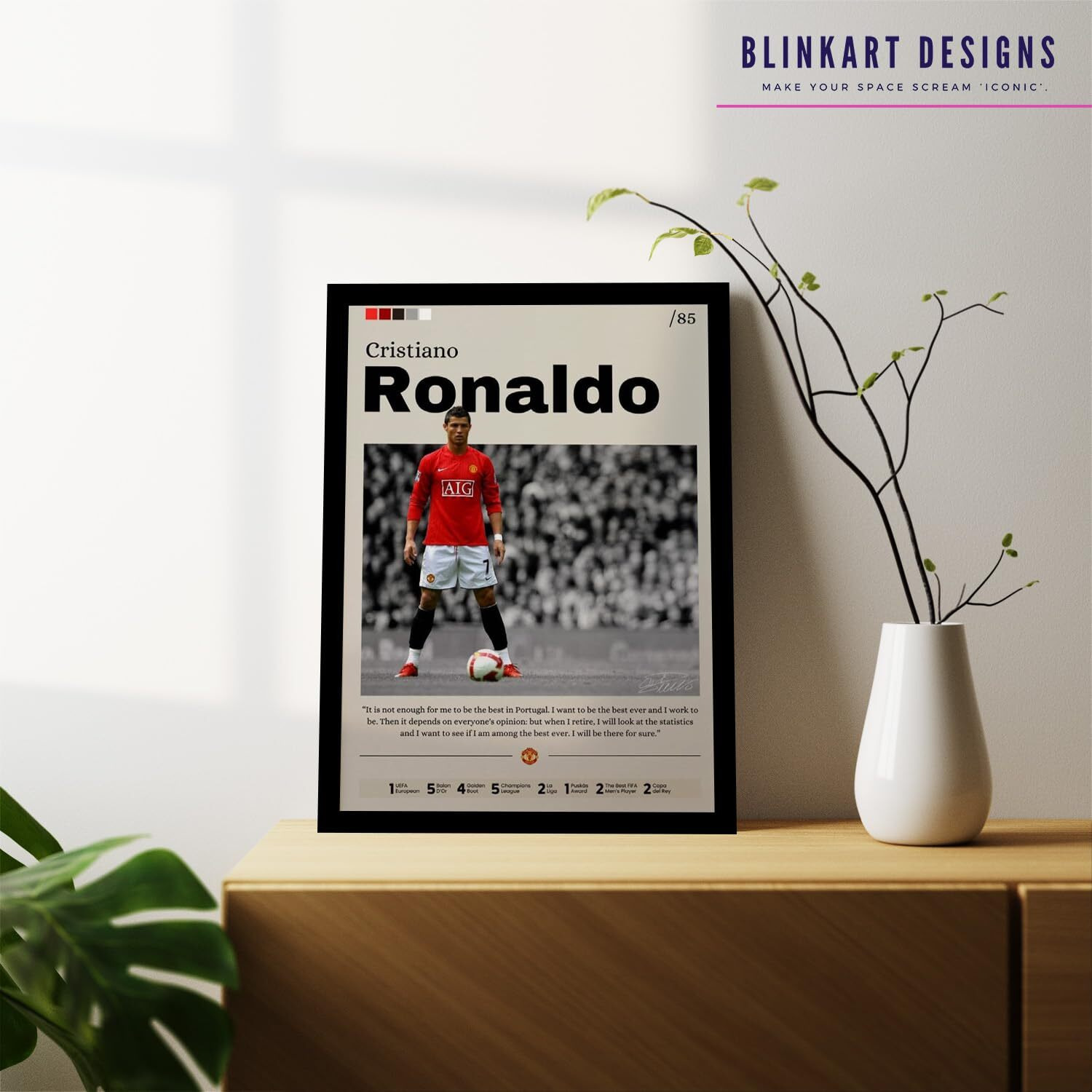 Blinkart Cristiano Ronaldo Manchester United Football Player Synthetic Wood Photo Framed Wall Hanging Poster For Room & Office Bedroom Home Wall (13 * 10 Inches)