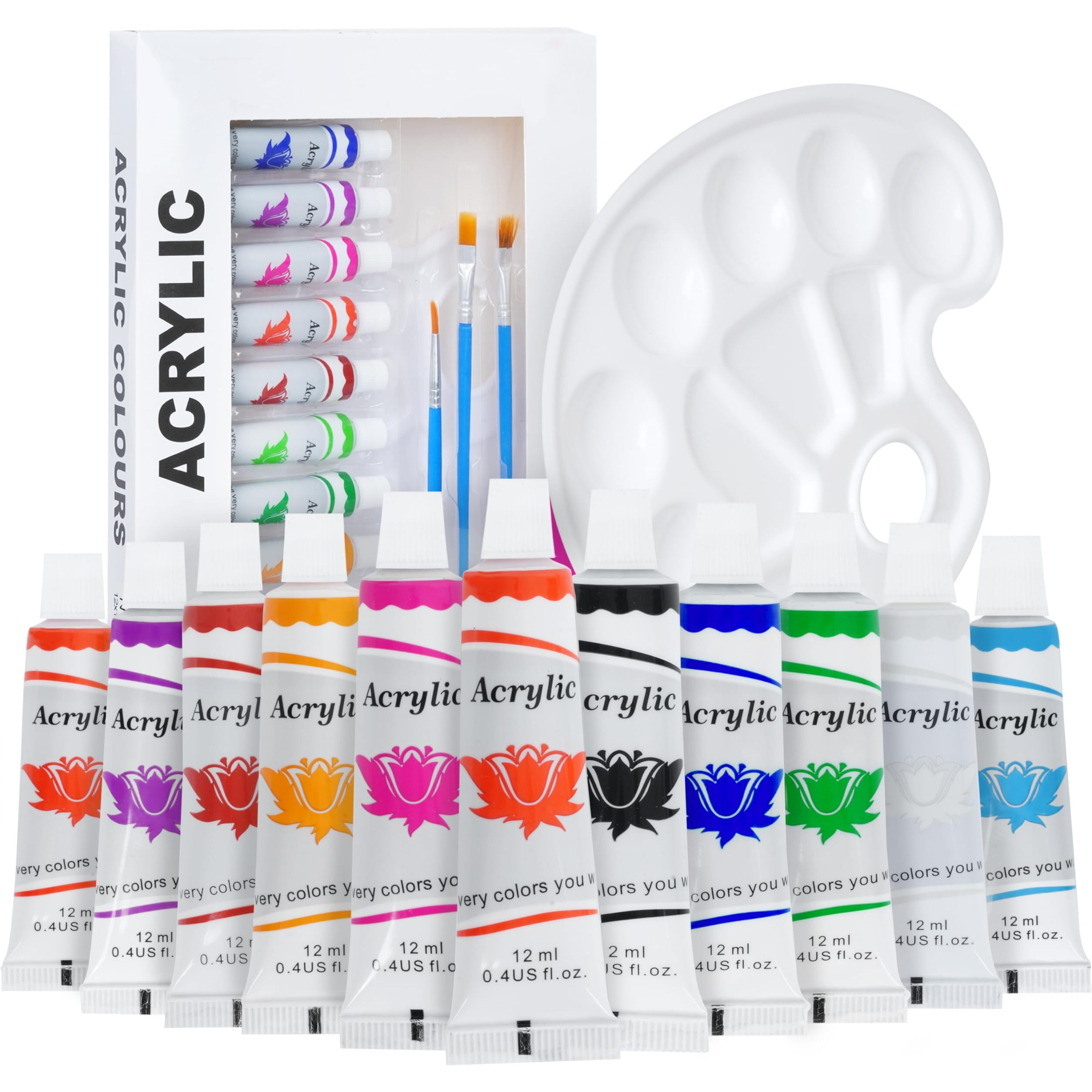 About Space Acrylic Paint Set - (12 Colors X 12 Ml) Multicolour Non-Toxic Paint Tubes With Mixing Palette & 4 Brushes For Artists, Beginners - Kit For Art & Craft, Drawing, Canvas, Painting, Poster