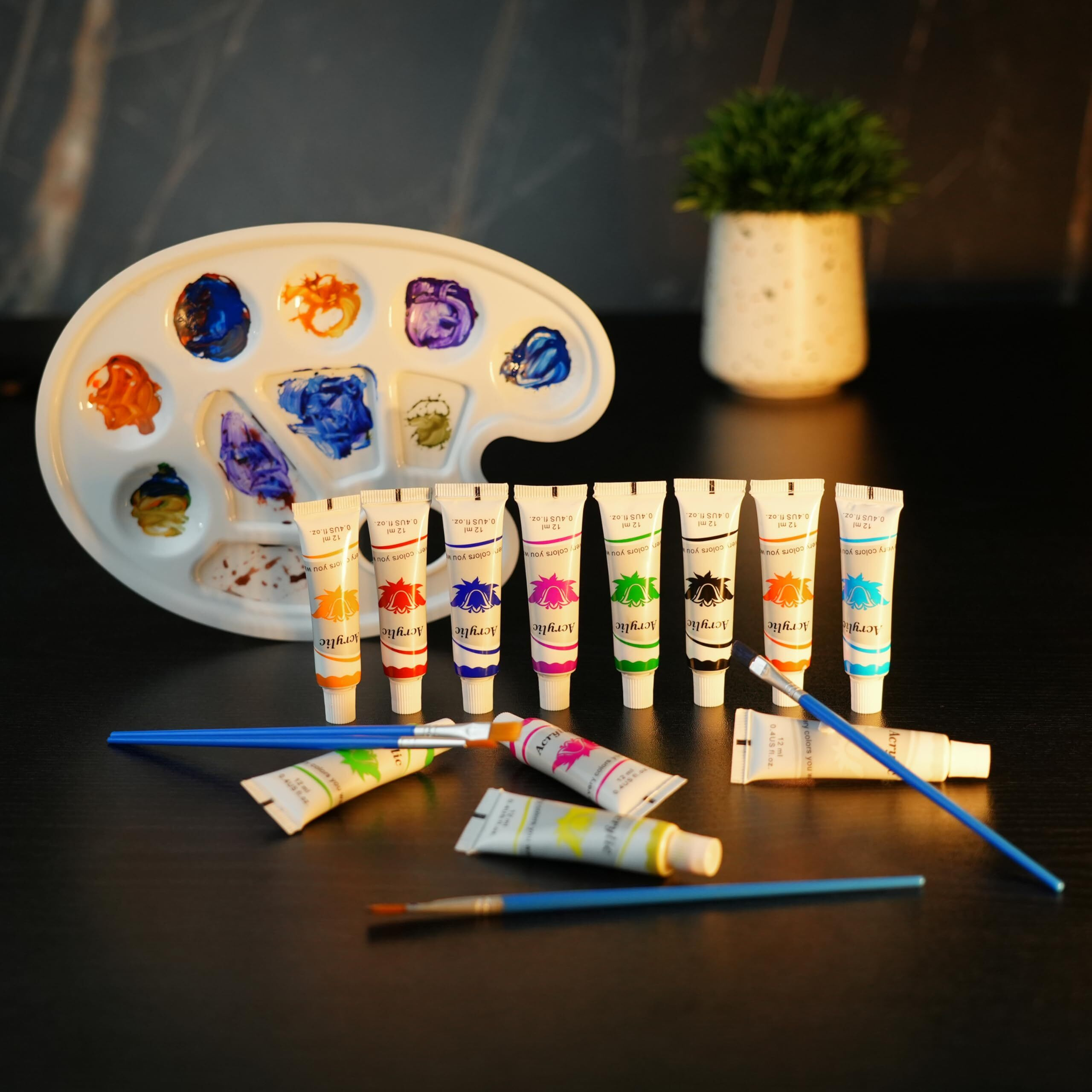 About Space Acrylic Paint Set - (12 Colors X 12 Ml) Multicolour Non-Toxic Paint Tubes With Mixing Palette & 4 Brushes For Artists, Beginners - Kit For Art & Craft, Drawing, Canvas, Painting, Poster