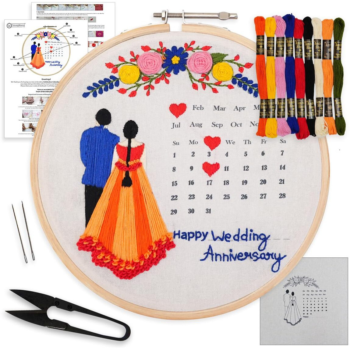 Embroiderymaterial Diy Embroidery Kit For Beginner, Adults & Kids With Wedding Celebration Calender Design Printed Cloth/Fabric & Written Instructions All Material Included ,Multicolor