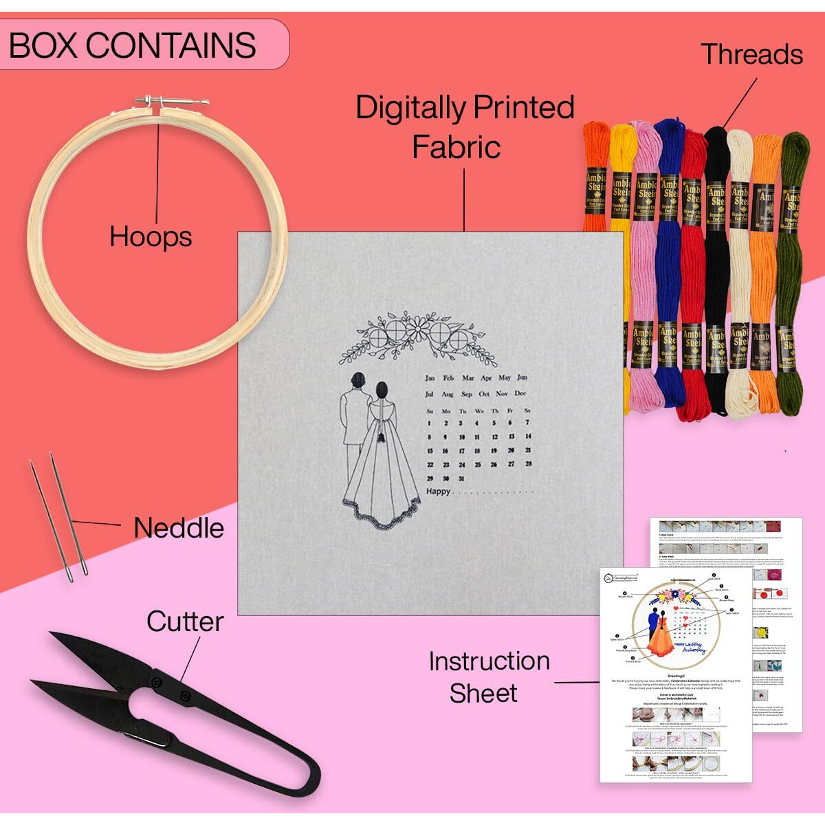 Embroiderymaterial Diy Embroidery Kit For Beginner, Adults & Kids With Wedding Celebration Calender Design Printed Cloth/Fabric & Written Instructions All Material Included ,Multicolor