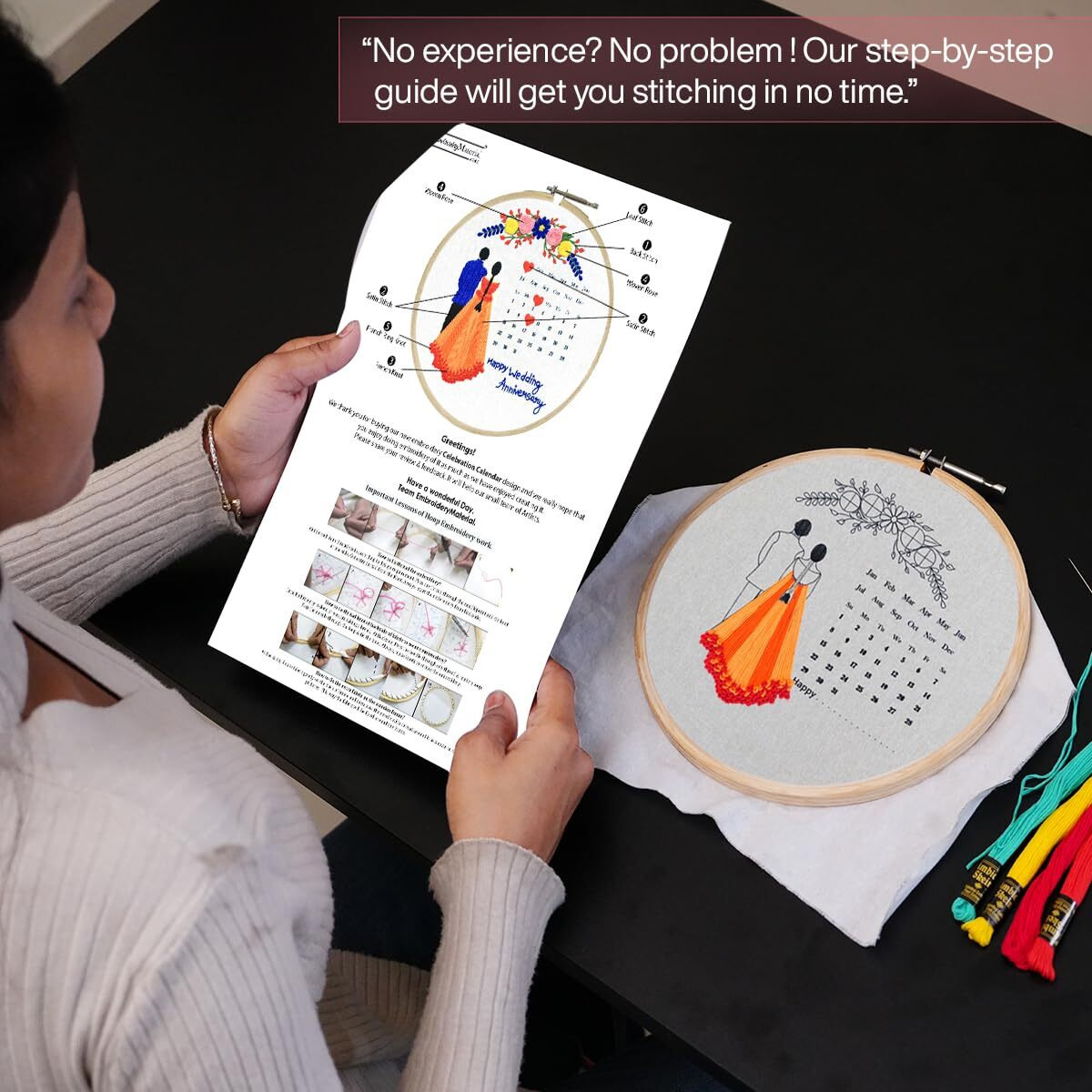 Embroiderymaterial Diy Embroidery Kit For Beginner, Adults & Kids With Wedding Celebration Calender Design Printed Cloth/Fabric & Written Instructions All Material Included ,Multicolor
