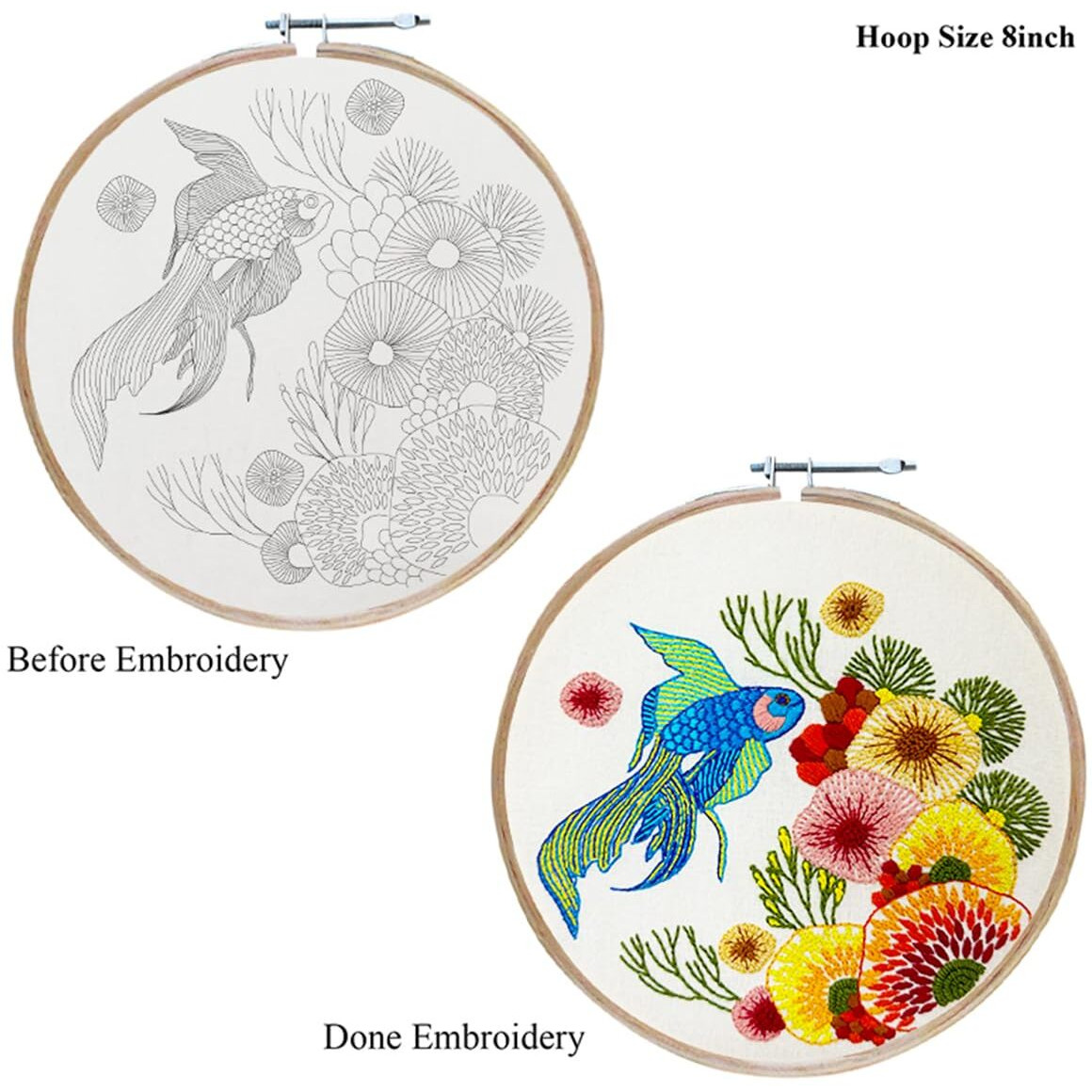 Embroiderymaterial Embroidery Kit Fish In Coral Design Digital Printed & Written Instructions All Material Included