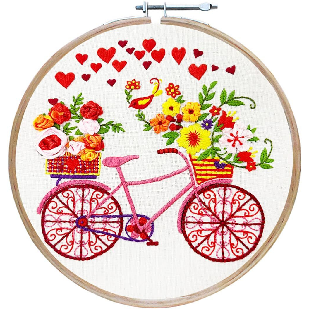 Embroiderymaterial Embroidery Kit Bicycle Flower Design Organza Ribbon Digital Printed & Written Instructions All Material Included, Multicolor