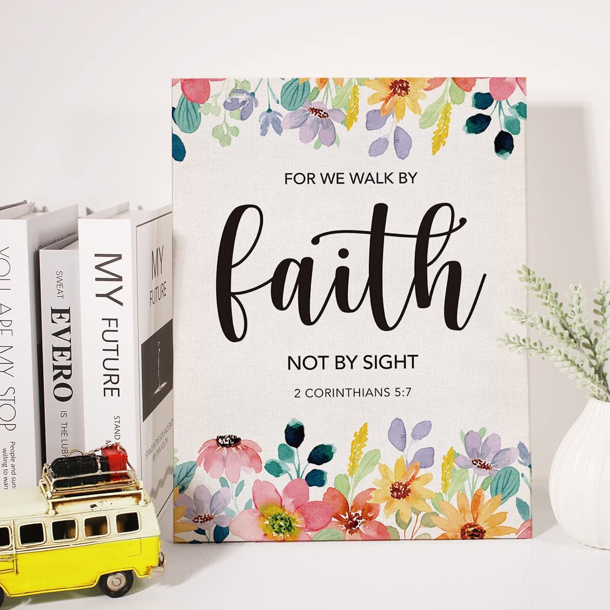 Christian Canvas Wall Art Motivational For We Walk By Faith Not By Sight Canvas Print Floral Scripture Bible Verse Painting Home Wall Decor Framed Gift 12X15 Inch
