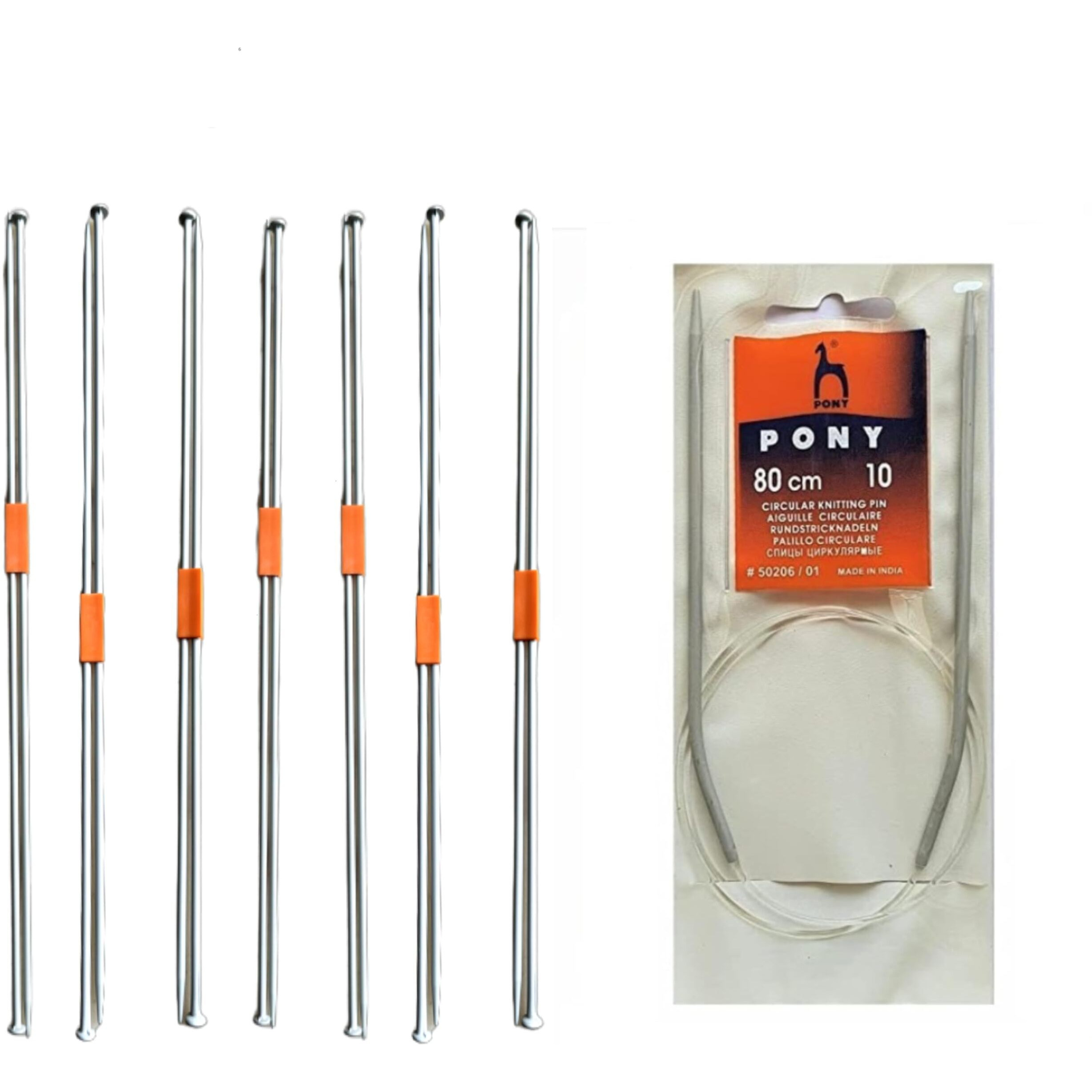 Ginroo Single Point Round Knob Aluminium Cold Headed Knitting Pins/Knitting Needles (Size No. 6 To 12) Set Of 7 And Circular Knitting Pin No.10 (80Cm)