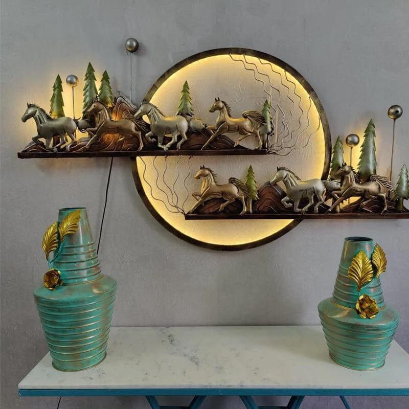 Kokomoon Metal Iron (Mountain 7 Horses) Decorative Wall Art/Sculpture For Home Living Room/Bedroom/Hotels/Office/Cafe Etc. Size (58 * 02 * 30 Inch - Multicolor)