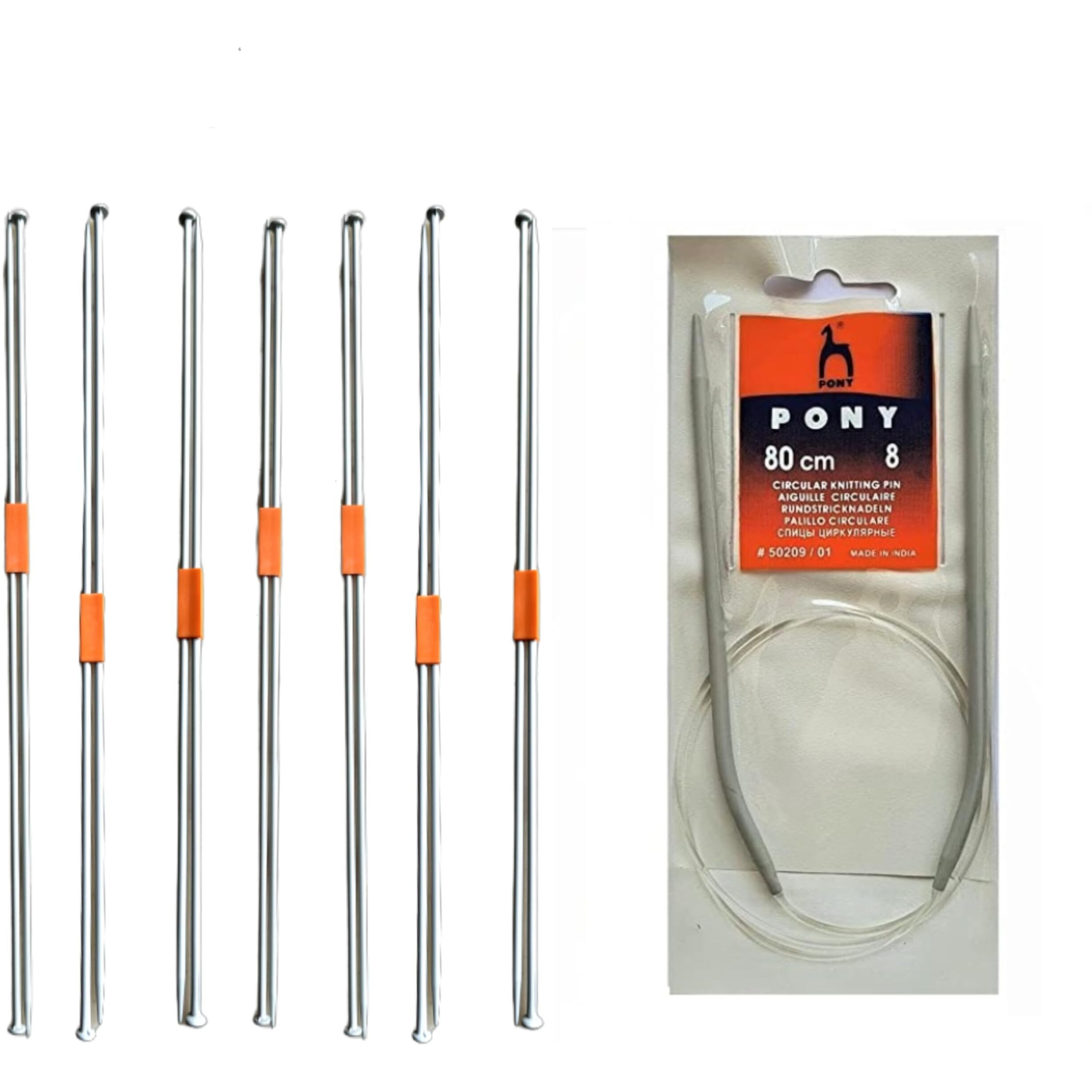 Ginroo Single Point Round Knob Aluminium Cold Headed Knitting Pins/Knitting Needles (Size No. 6 To 12) Set Of 7 And Circular Knitting Pin No.8 (80Cm)