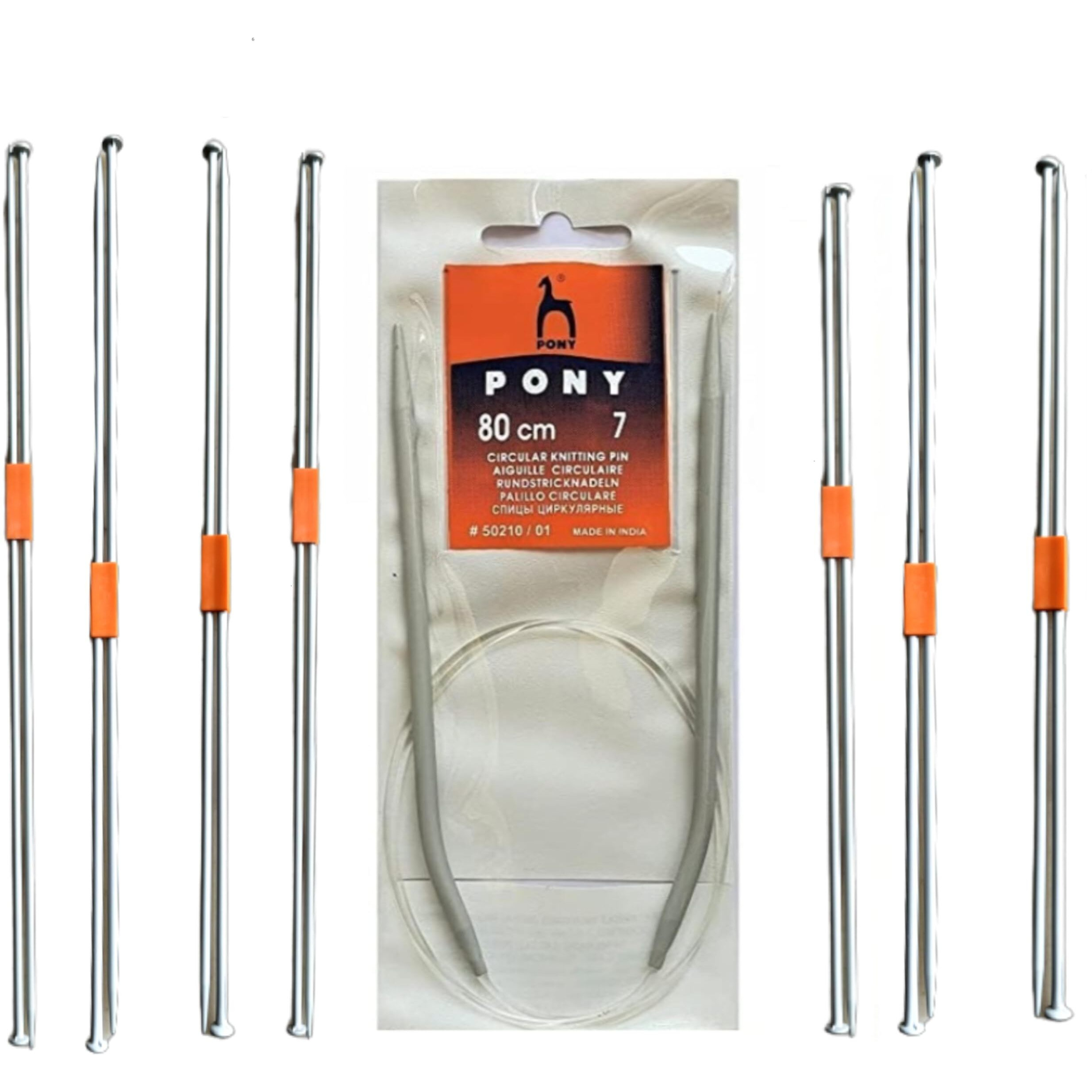 Ginroo Single Point Round Knob Aluminium Cold Headed Knitting Pins/Knitting Needles (Size No. 6 To 12) Set Of 7 And Circular Knitting Pin No.7 (80Cm)