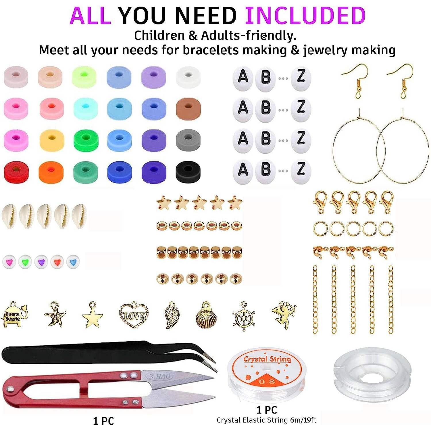 Diy Crafts 2000, Clay Beads Bracelet Making Kit, Flat Preppy Beads For Friendship Jewelry Making,Polymer Heishi Beads With Charms Gifts For Teen Girls Crafts For Girls Ages 8-12 P(2000)