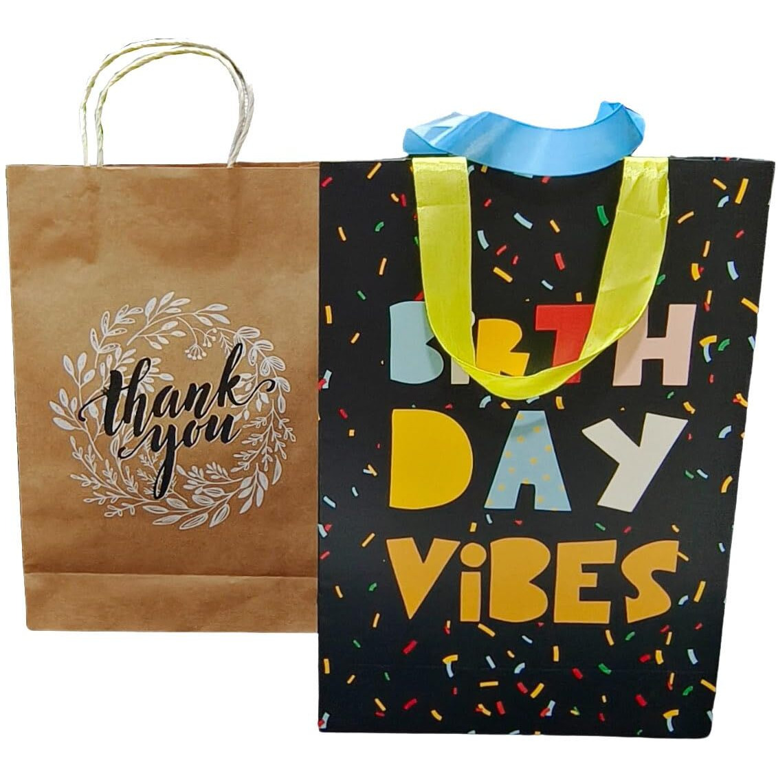 Sapco Gift Paper Bag, Combo, Perfect For Gifting, Return Gifts &quotThank You & Birthday Vibes"-Medium Size(2 Designs X 5Pcs  Pack Of 10),Multicolor