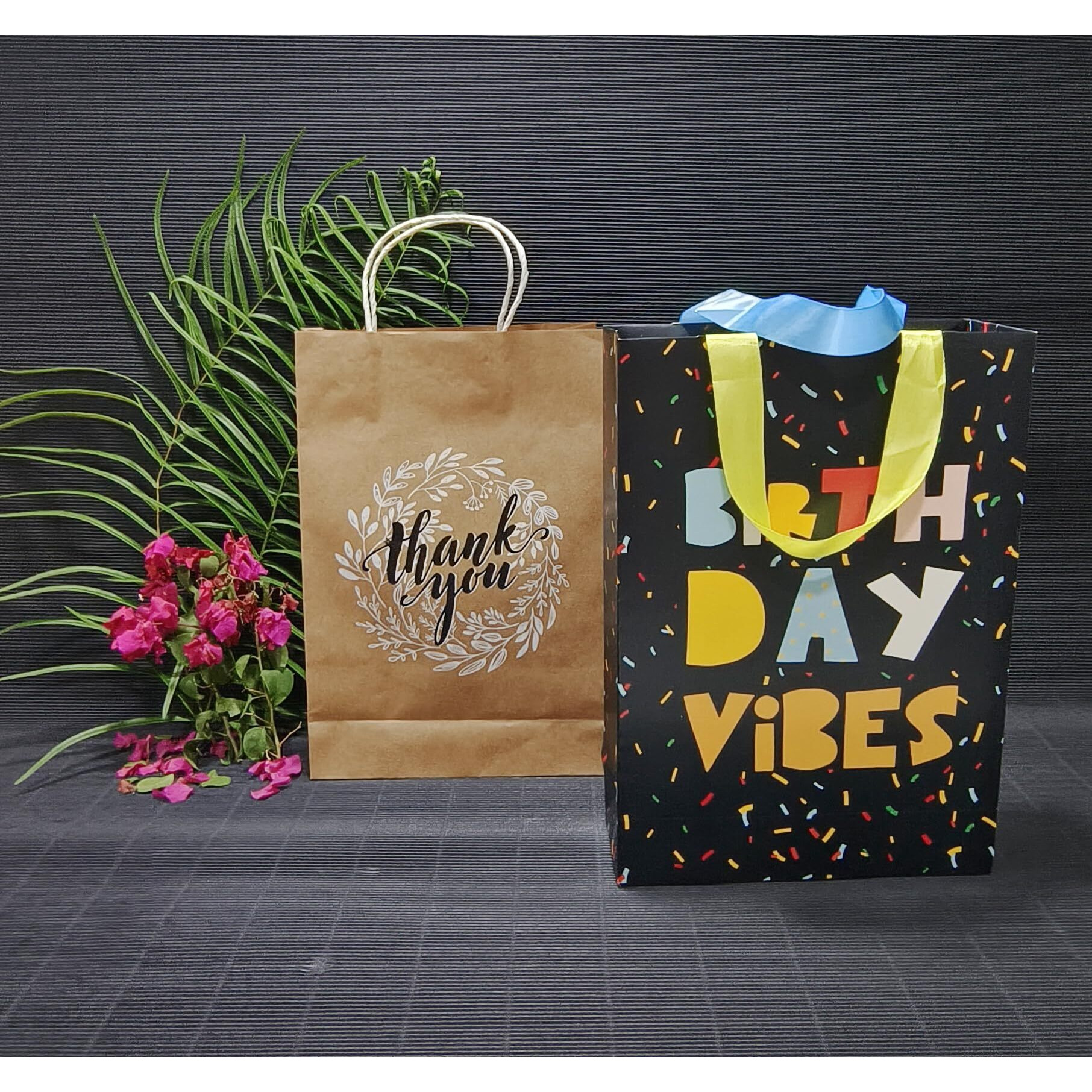 Sapco Gift Paper Bag, Combo, Perfect For Gifting, Return Gifts &quotThank You & Birthday Vibes"-Medium Size(2 Designs X 5Pcs  Pack Of 10),Multicolor