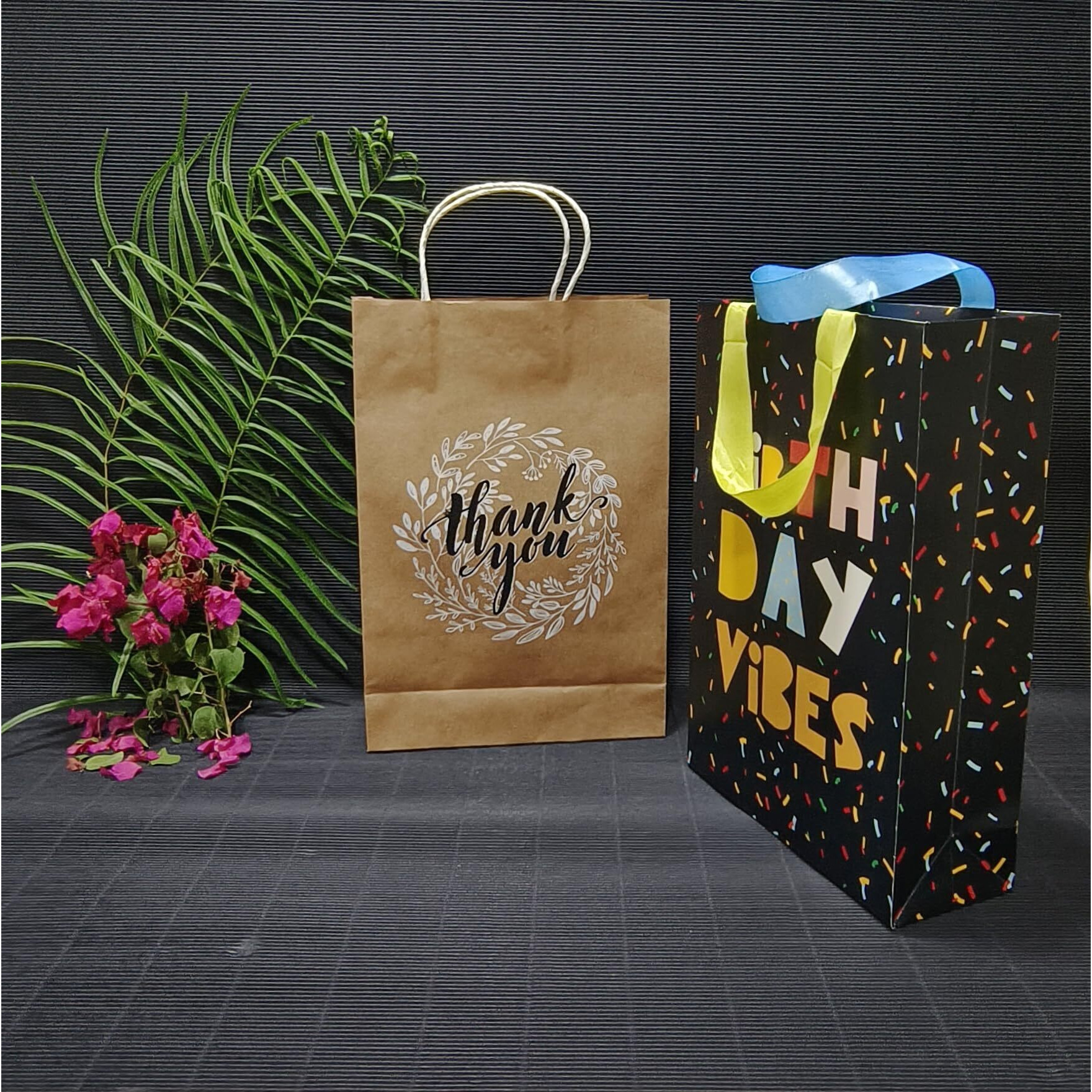 Sapco Gift Paper Bag, Combo, Perfect For Gifting, Return Gifts &quotThank You & Birthday Vibes"-Medium Size(2 Designs X 5Pcs  Pack Of 10),Multicolor
