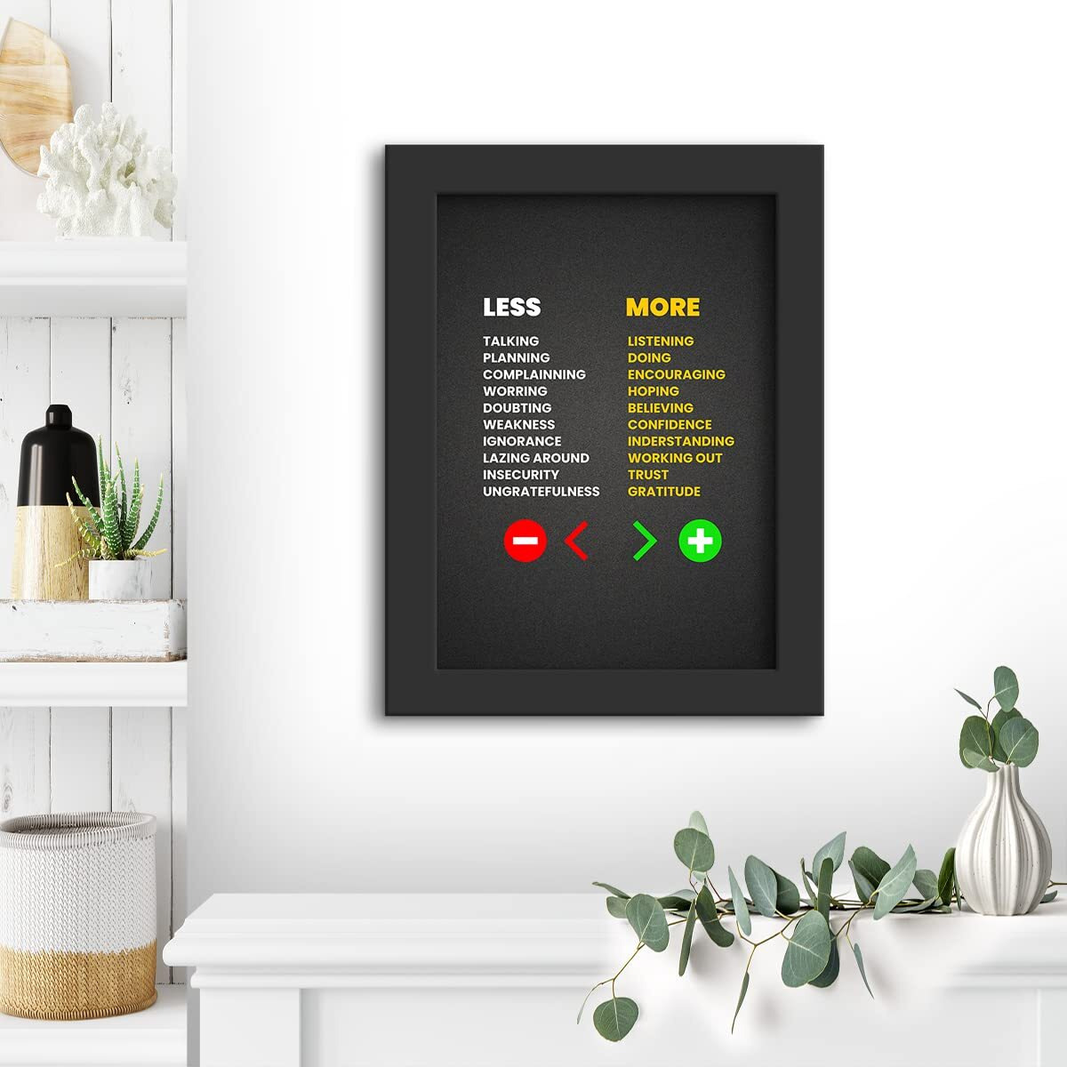 Dmcreativitycraft Motivational Posters Quotes Wall Frames Study Motivation Poster Less More Positive Room Matt Black Frame Living Room And Office Desk Decor (9.5 X 12.5 Inches)