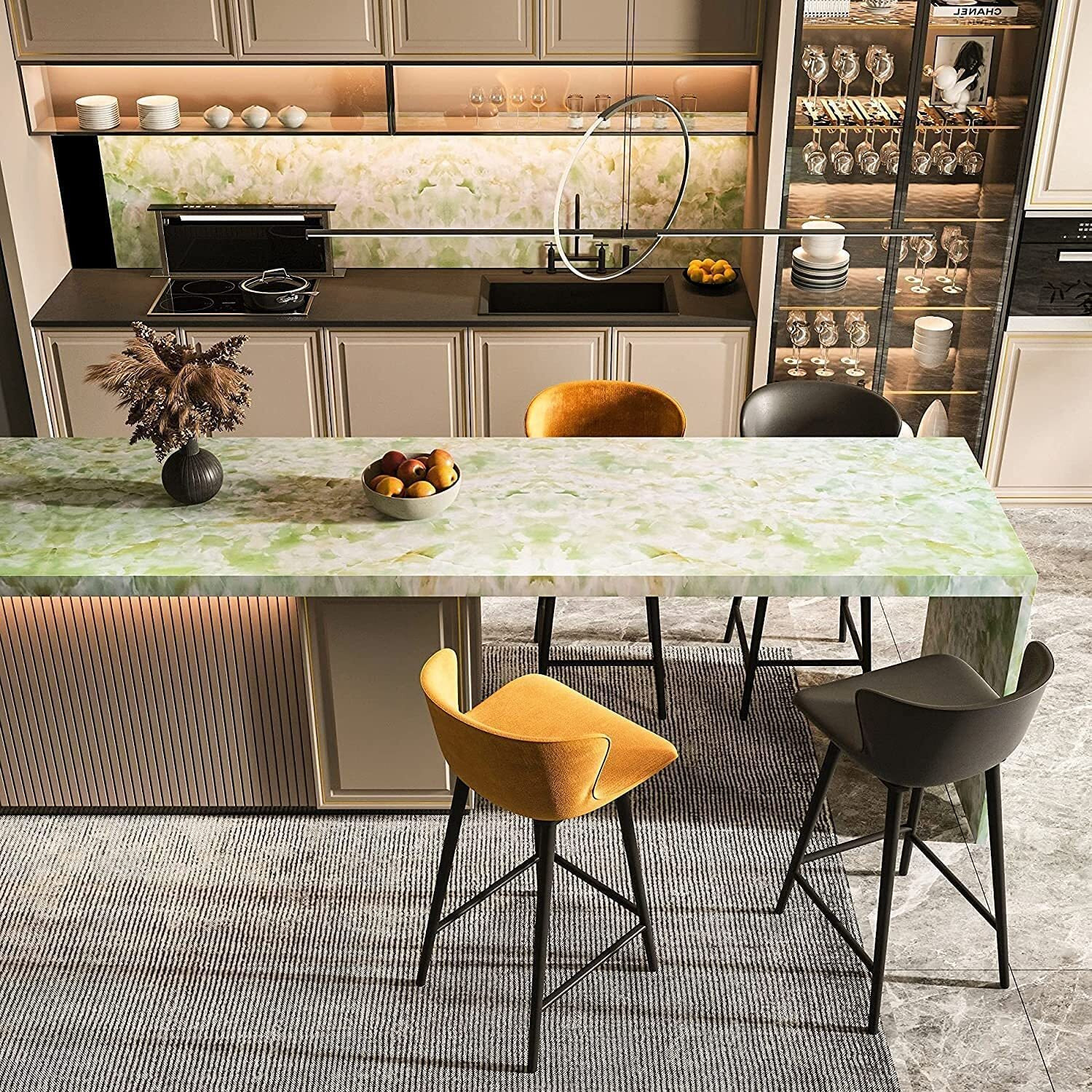 Kashival Green Marble Wallpaper Oil Proof Wallpaper For Kitchen Wall Cabinet For Kitchen Kitchen Sheet Kitchen Sticker Kitchen Wall Kitchen Wall Stickers Oil Proof Heat Resistant(Green Marble60*200Cm)