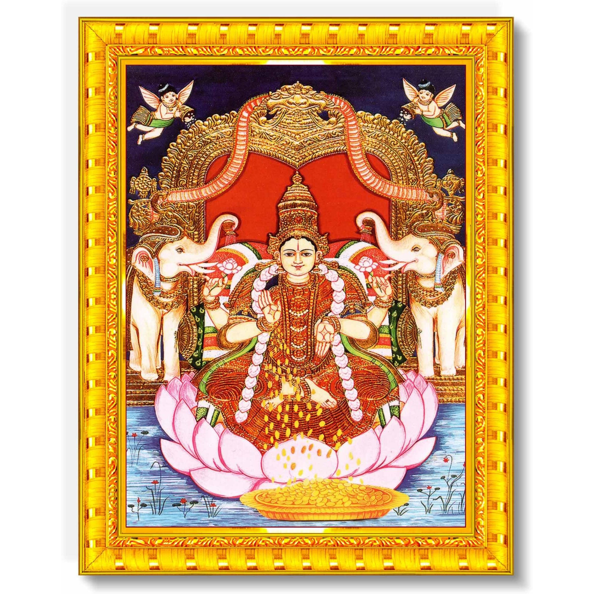 Pavan Photo Laminations Goddess Lakshmi Devi Vaibhav Laxmi Tanjore Wall Painting Framed Home Decor (Wood,Matte,Gold,Small Size,6 X 8 Inch) R1293S