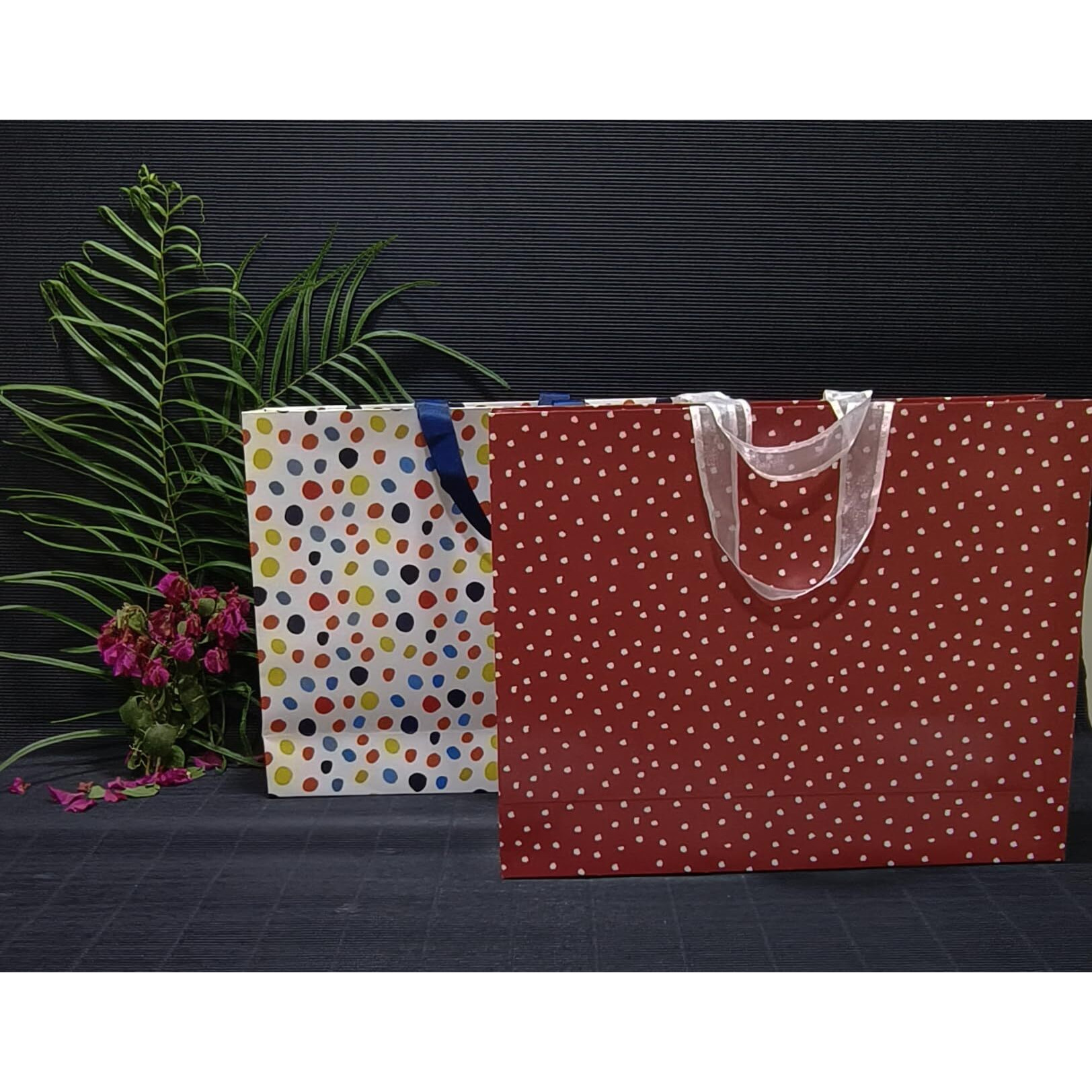 Gift Paper Bag, Sapco Combo, Perfect For Gifting, Return Gifts Colorful Polka & Red White Polka"  Extra Large Size(2 Designs X 5Pcs  Pack Of 10)
