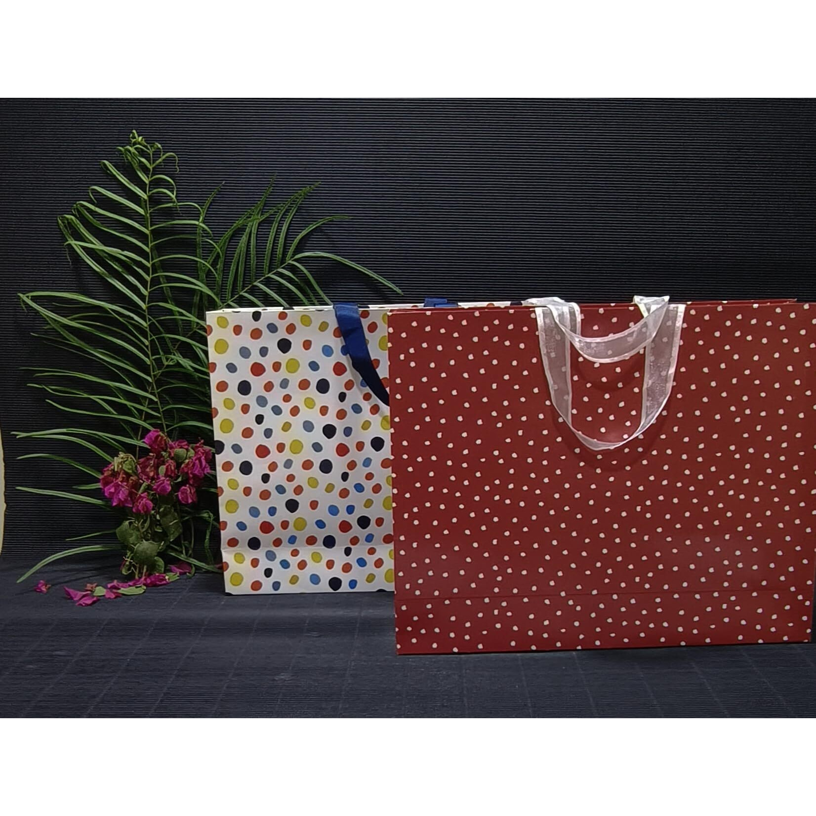 Gift Paper Bag, Sapco Combo, Perfect For Gifting, Return Gifts Colorful Polka & Red White Polka"  Extra Large Size(2 Designs X 5Pcs  Pack Of 10)