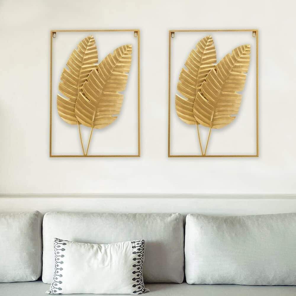 Street Craft Gold Metal Wall Decor Set Of 2 Leaf Wall Hanging Home Decor With Frame, Metal Wall Art Decor Wall Sculptures For Living Room, Bedroom, Office, Hotel (Size 15" X 22")