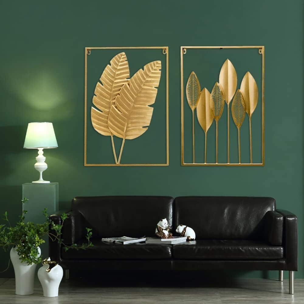 Street Craft Gold Metal Wall Decor Set Of 2 Leaf Wall Hanging Home Decor With Frame, Metal Wall Art Decor Wall Sculptures For Living Room, Bedroom, Office, Hotel (Size 15" X 22")