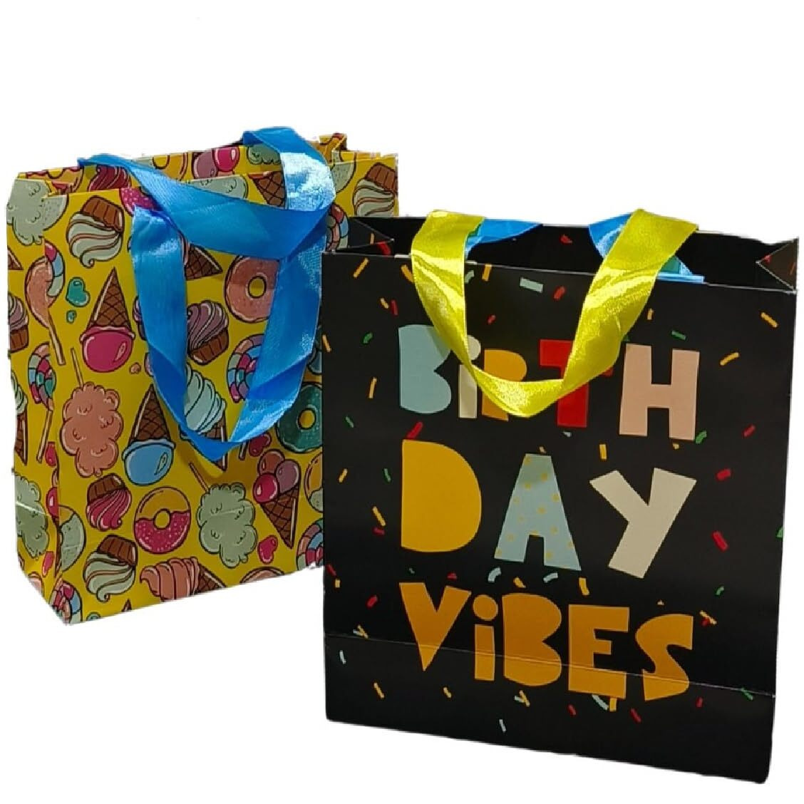 Gift Paper Bag, Sapco Combo, Perfect For Gifting, Return Gift &quotIce Cream Doughnut Candies & Birthday Vibes"  Small Size(2 Designs X 5Pcs  Pack Of 10)