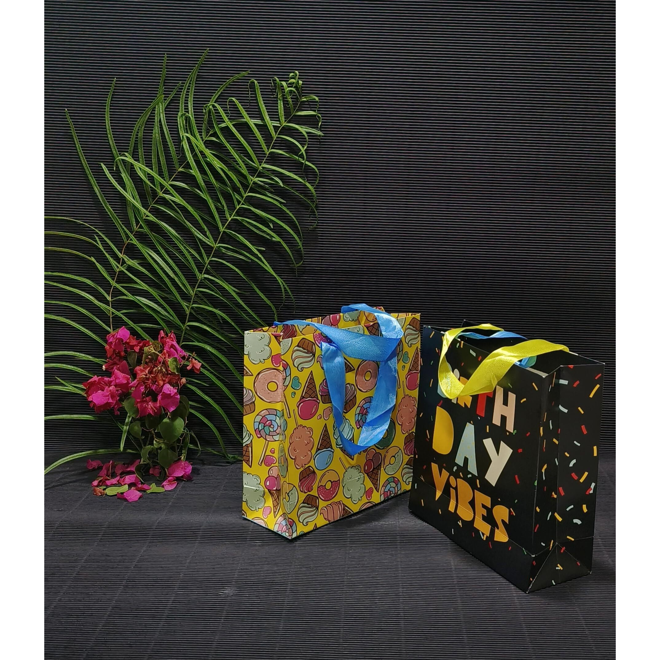Gift Paper Bag, Sapco Combo, Perfect For Gifting, Return Gift &quotIce Cream Doughnut Candies & Birthday Vibes"  Small Size(2 Designs X 5Pcs  Pack Of 10)